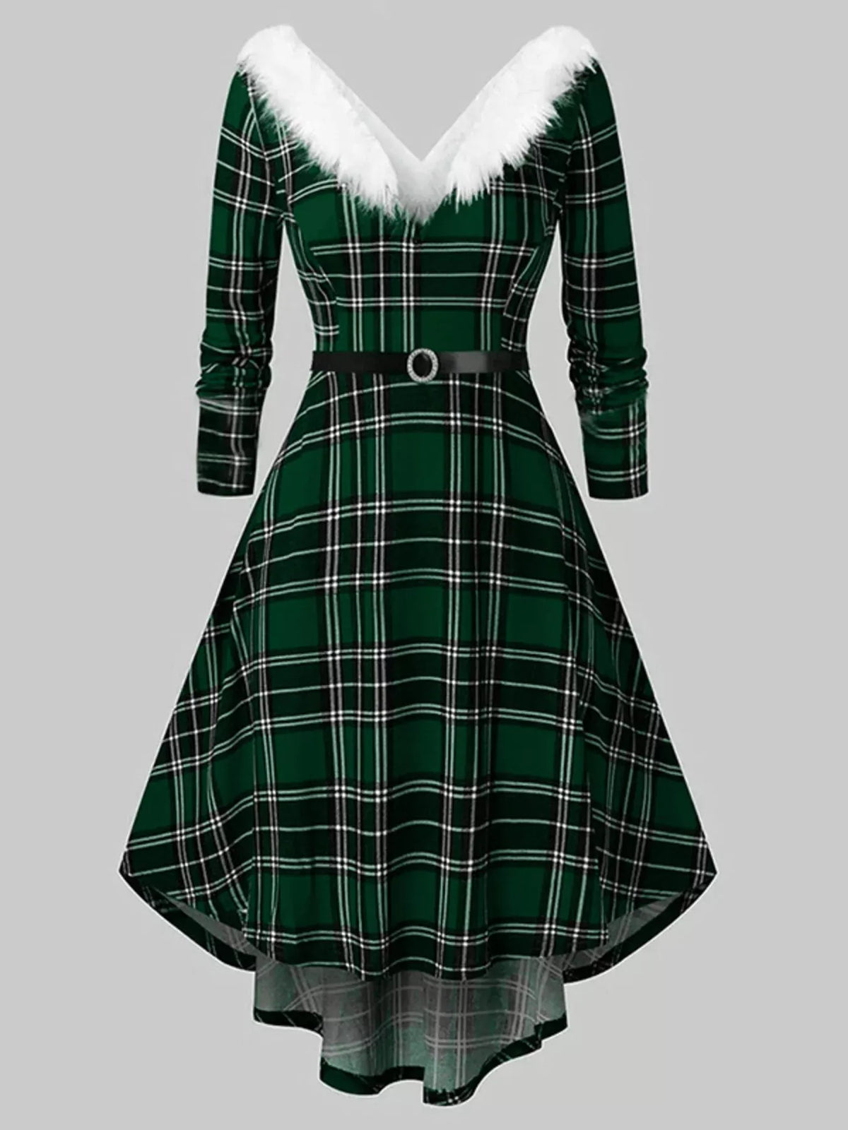 Trendsi Green Plaid / 2XL Fuzzy Trim Long Sleeve Christmas Dress 100100402944567 Fuzzy Trim Long Sleeve Christmas Dress Apparel & Accessories > Clothing > Dresses