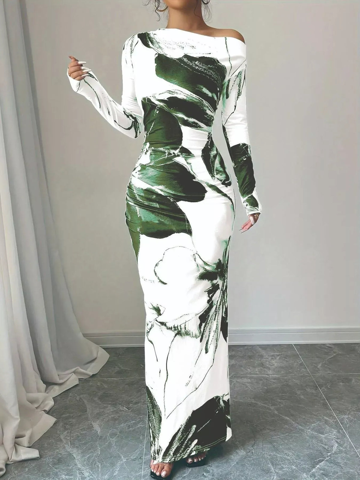 Trendsi Green / S Floral One Shoulder Long Sleeve Maxi Dress 100100484232289 Floral One Shoulder Long Sleeve Maxi Dress Apparel & Accessories > Clothing > Dresses