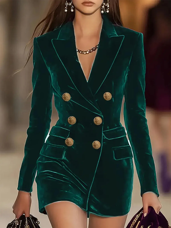 Trendsi Green / S Velvet Double-Breasted Blazer Dress 100100386884391 Velvet Double-Breasted Blazer Dress Apparel & Accessories > Clothing > Dresses