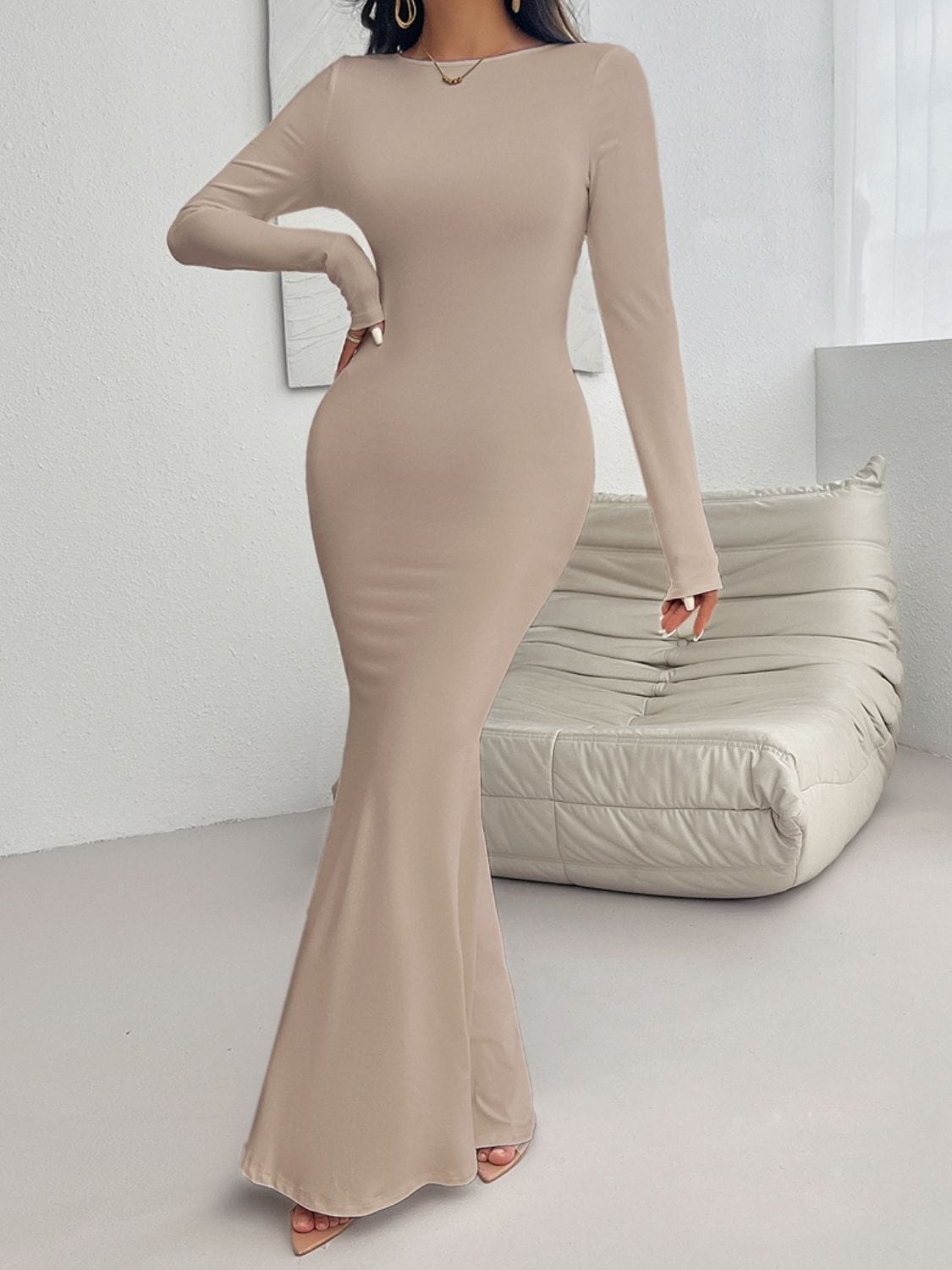 Trendsi Khaki / S Chocolate Brown Devine Backless Round Neck Long Sleeve Maxi Dress 100100547365252 Apparel &amp; Accessories &gt; Clothing &gt; Dresses