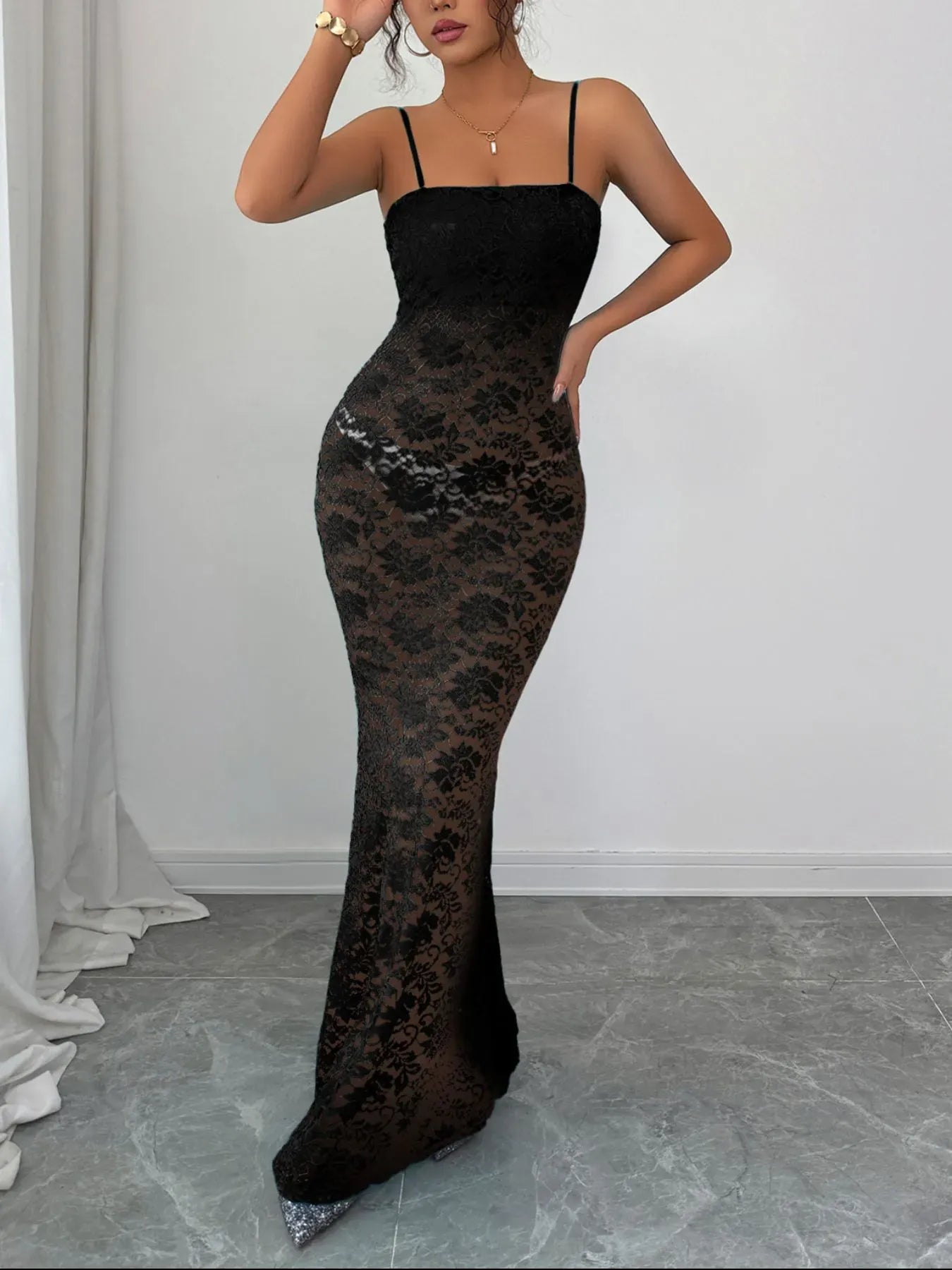 Trendsi Black / S Lace Square Neck Maxi Cami Dress 100100203323787 Lace Square Neck Maxi Cami Dress Apparel & Accessories > Clothing > Dresses