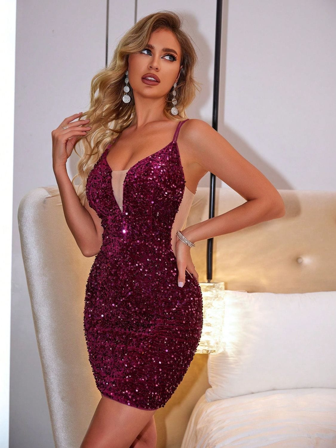 Trendsi Lace-Up Sequin Plunge Sleeveless Dress Lace-Up Sequin Plunge Sleeveless Dress Apparel &amp; Accessories &gt; Clothing &gt; Dresses