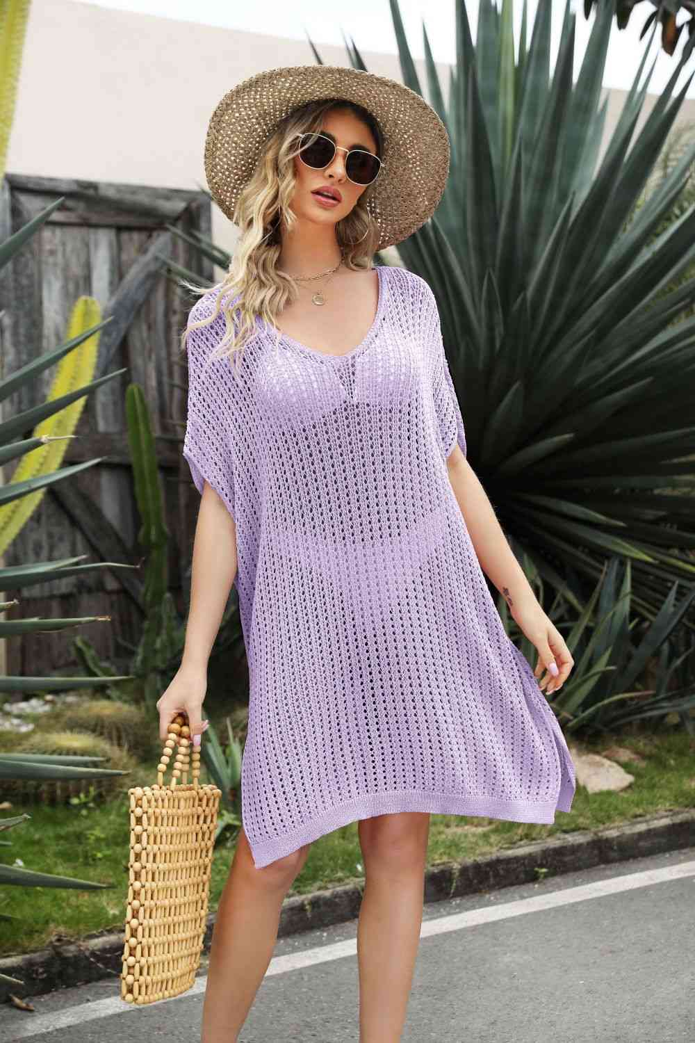 Trendsi Lavender / One Size Openwork Side Slit Cover-Up Dress 100100482380212 Apparel &amp; Accessories &gt; Clothing &gt; Dresses