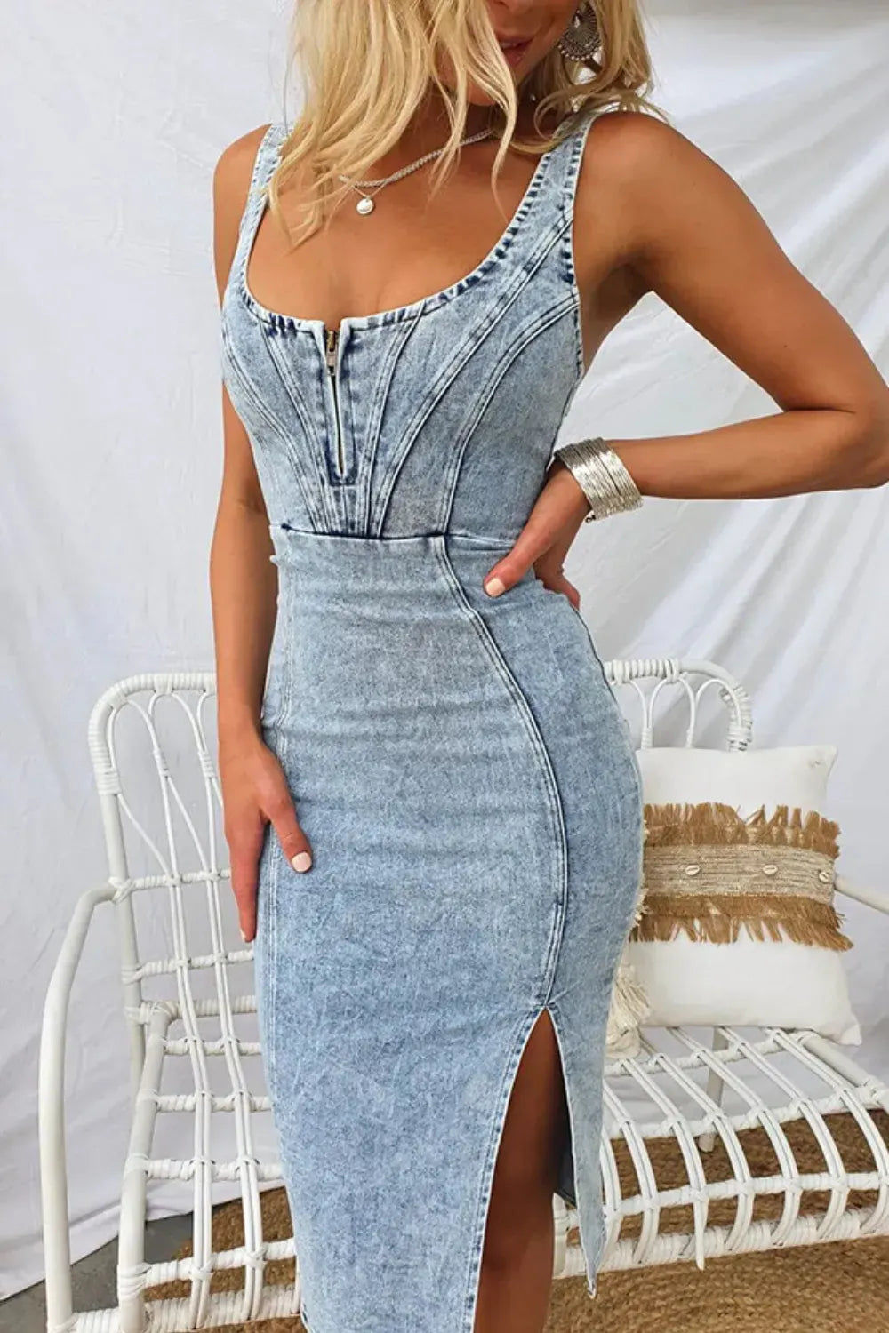 Trendsi Light Blue / S Side Slit Washed Scoop Neck Denim Dress 100100833103356 Side Slit Washed Scoop Neck Denim Dress Apparel & Accessories > Clothing > Dresses