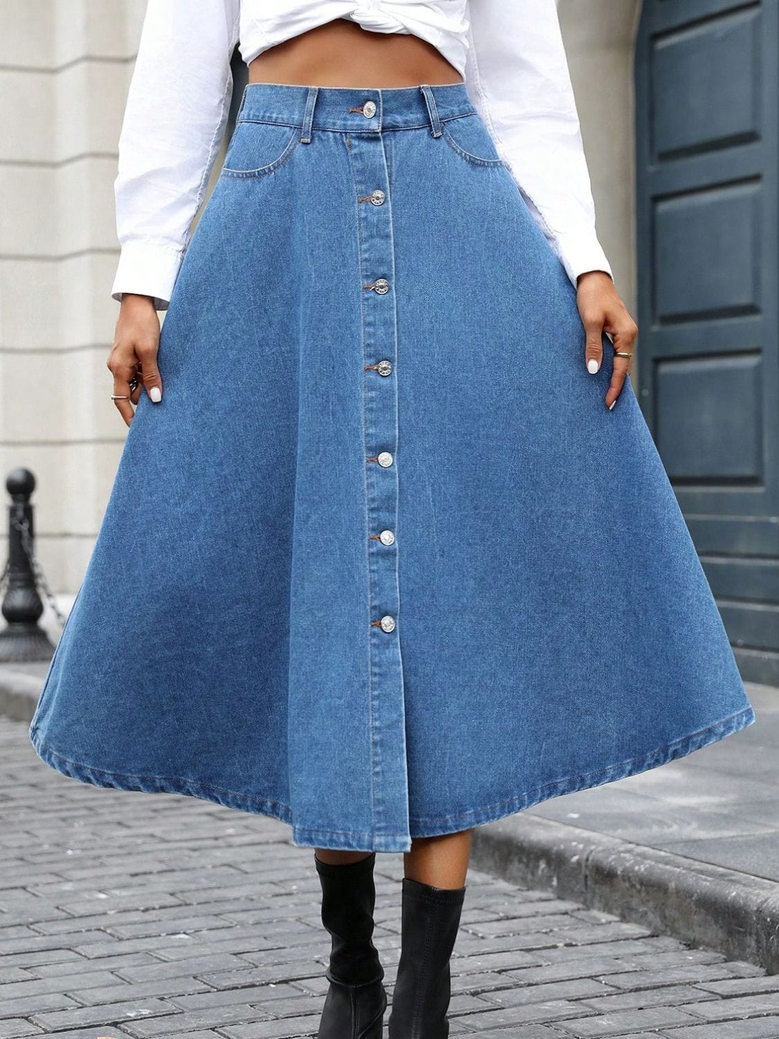 Trendsi Light / XS Buttoned Midi Denim Skirt with Pockets 100100346931261 Buttoned Midi Denim Skirt with Pockets Apparel &amp; Accessories &gt; Clothing &gt; Dresses