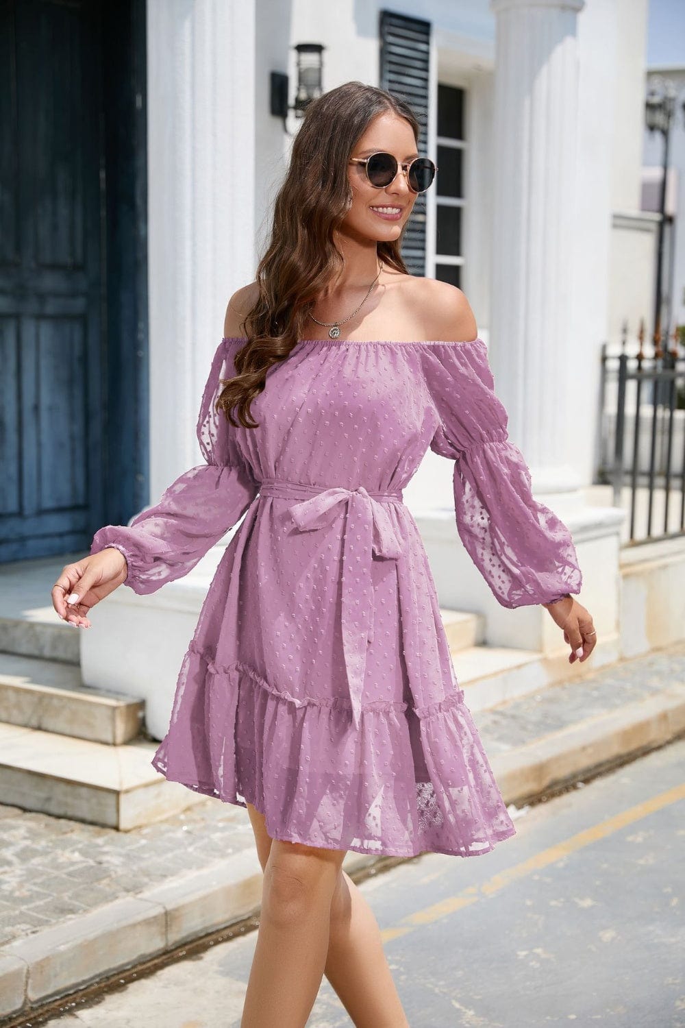 Trendsi Lilac / S Swiss Dot Off-Shoulder Balloon Sleeve Dress 100100611462115 Apparel &amp; Accessories &gt; Clothing &gt; Dresses