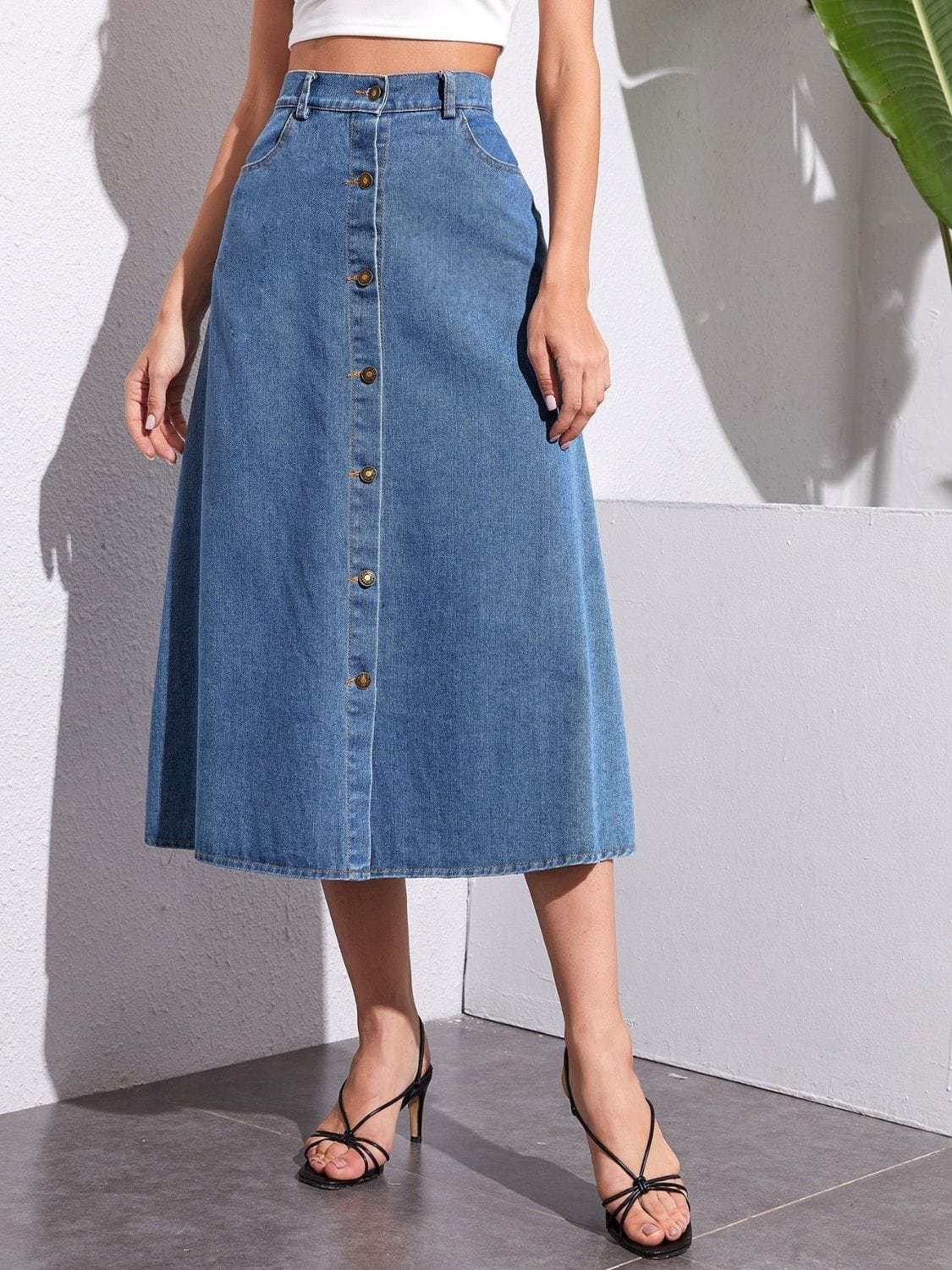 Trendsi Medium / XS Buttoned Midi Denim Skirt with Pockets 100100295751747 Buttoned Midi Denim Skirt with Pockets Apparel &amp; Accessories &gt; Clothing &gt; Dresses