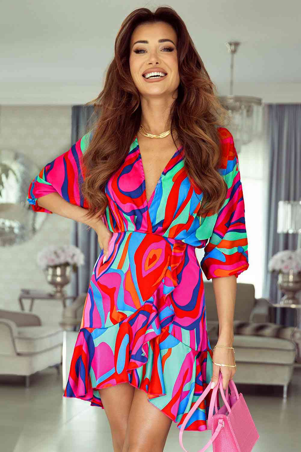 Trendsi Multicolor / S Printed Ruffled Mini Dress 100101916003528 Apparel & Accessories > Clothing > Dresses