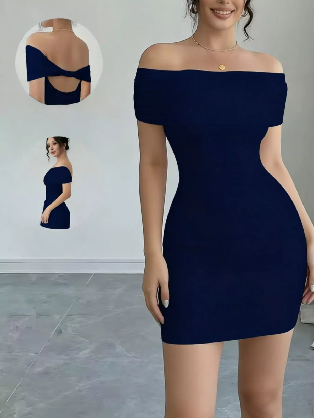 Trendsi Navy Blue / S Off-Shoulder Bodycon Mini Dress 100100321093968 Off-Shoulder Bodycon Mini Dress Apparel & Accessories > Clothing > Dresses