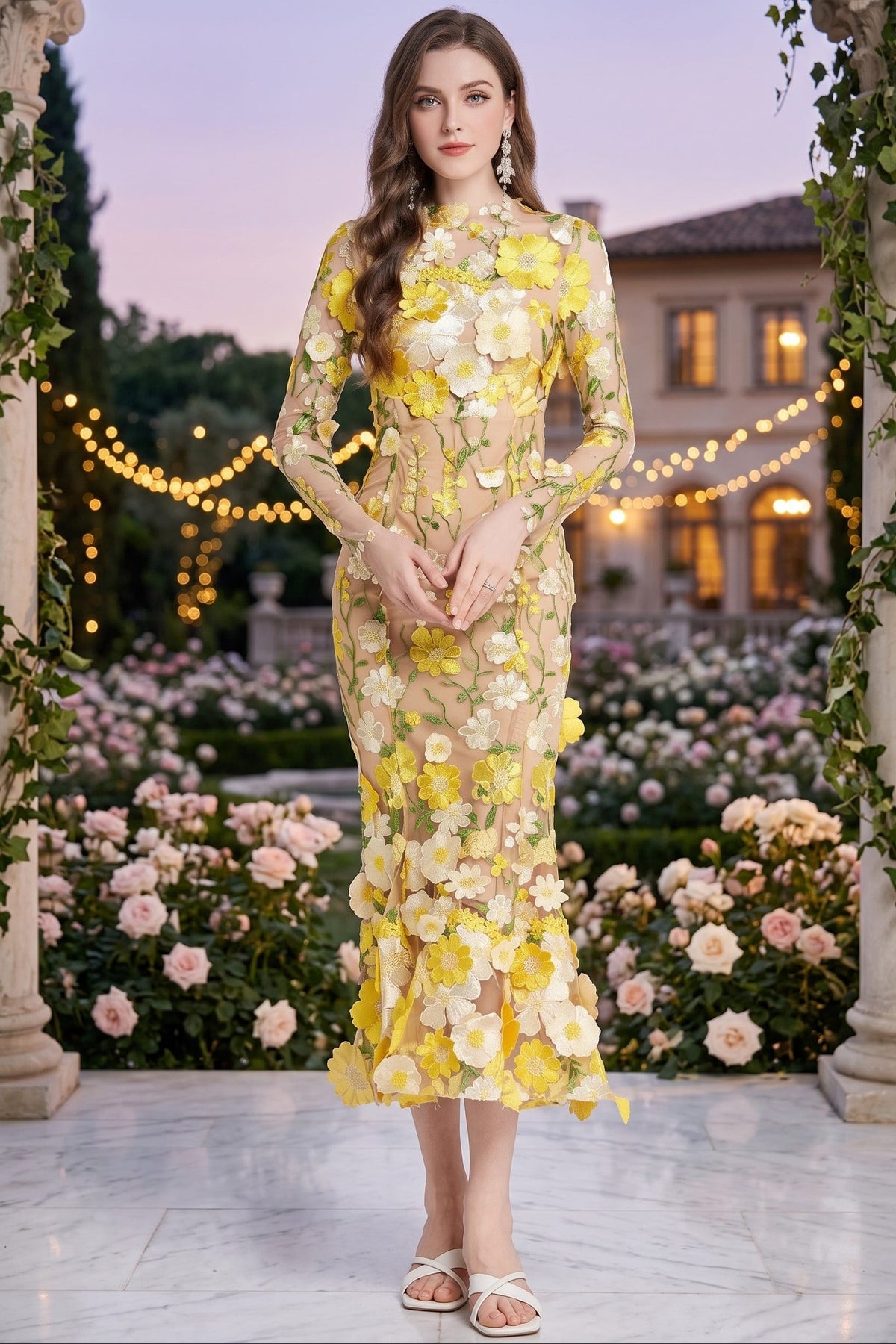 Trendsi Nude Floral Embroidered Mesh Long Sleeve Midi Dress (Also Plus Size) Nude Floral Embroidered Mesh Long Sleeve Midi Dress (Also Plus Size) Apparel & Accessories > Clothing > Dresses