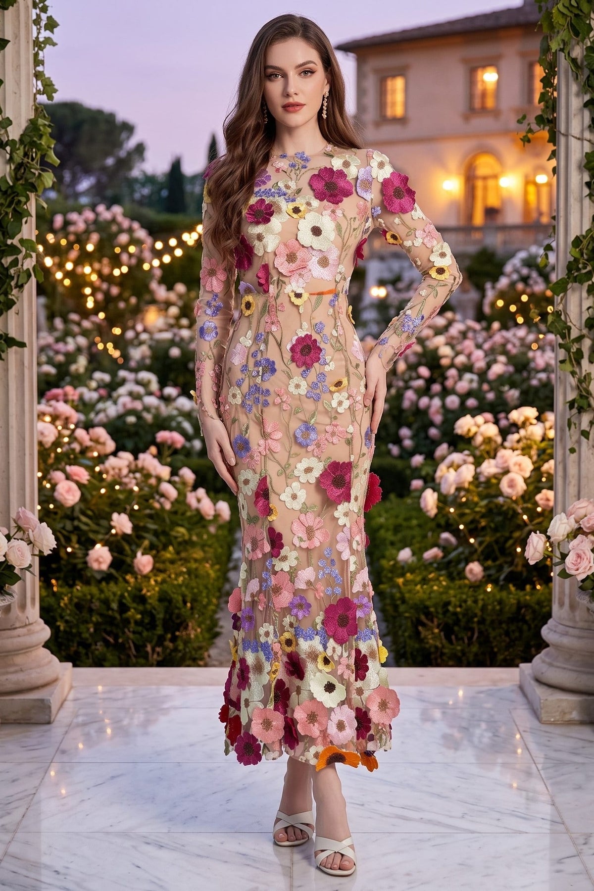 Trendsi Nude Floral Embroidered Mesh Long Sleeve Midi Dress (Also Plus Size) Nude Floral Embroidered Mesh Long Sleeve Midi Dress (Also Plus Size) Apparel & Accessories > Clothing > Dresses