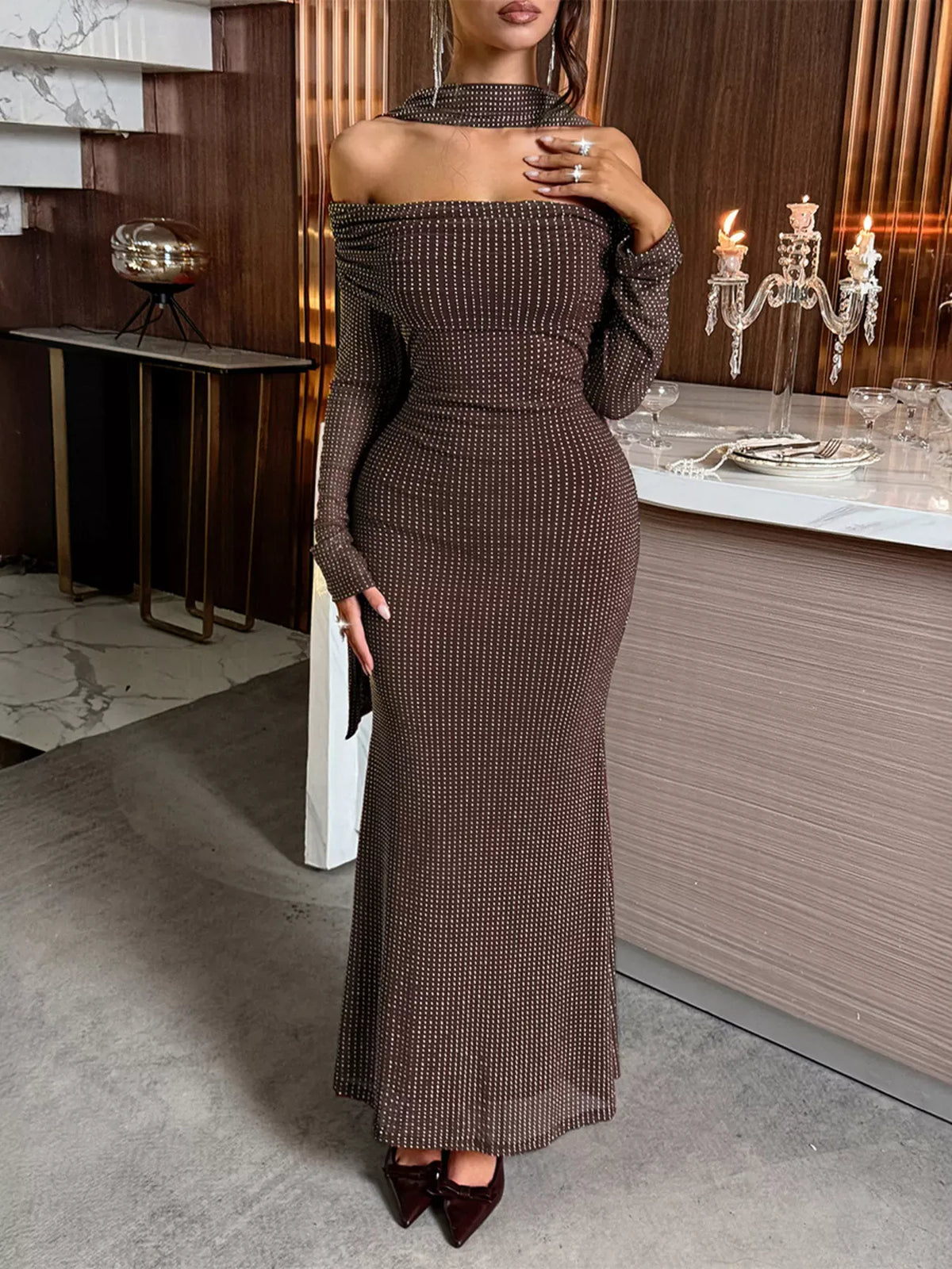 Trendsi Off-Shoulder Scarf Bodycon Maxi Dress Off-Shoulder Scarf Bodycon Maxi Dress Apparel & Accessories > Clothing > Dresses