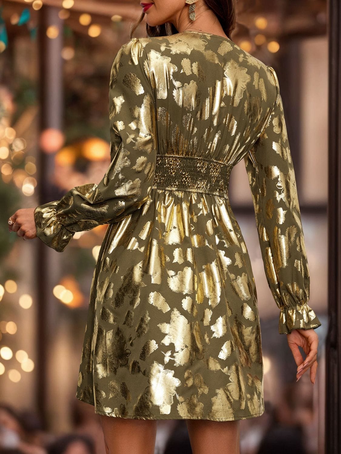 Trendsi Olive &amp; Gold Metallic Foil Smocked Plunge Long Sleeve Mini Dress Apparel &amp; Accessories &gt; Clothing &gt; Dresses