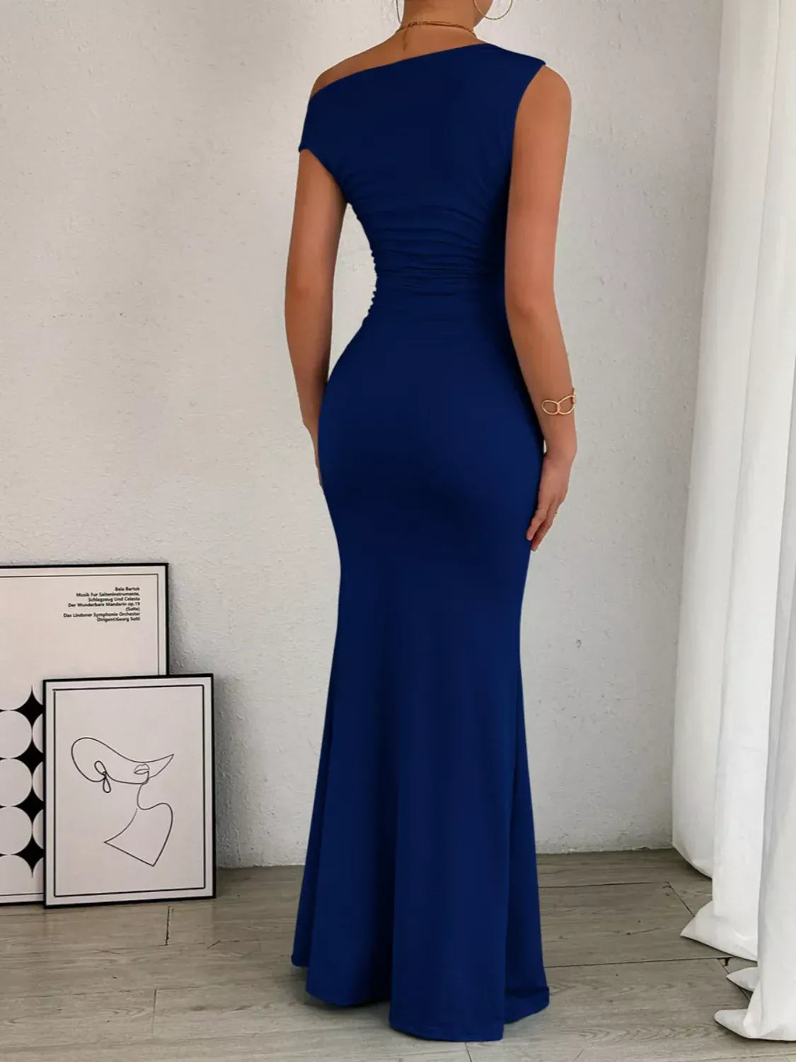 Trendsi Dark Blue / XS One-Shoulder Ruched Bodycon Maxi Dress 100100605439866 One-Shoulder Ruched Bodycon Maxi Dress Apparel & Accessories > Clothing > Dresses