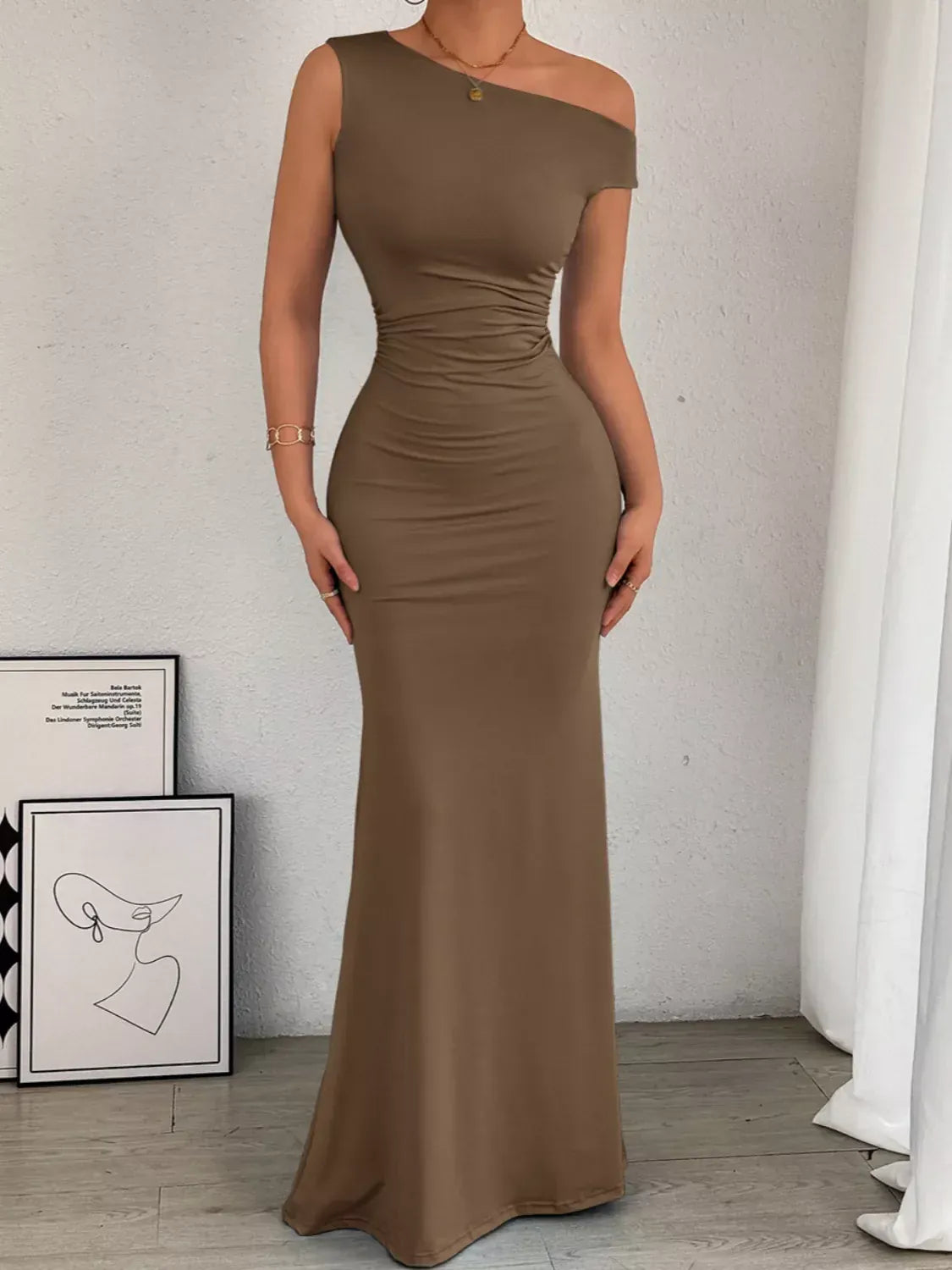 Trendsi One-Shoulder Ruched Bodycon Maxi Dress One-Shoulder Ruched Bodycon Maxi Dress Apparel & Accessories > Clothing > Dresses