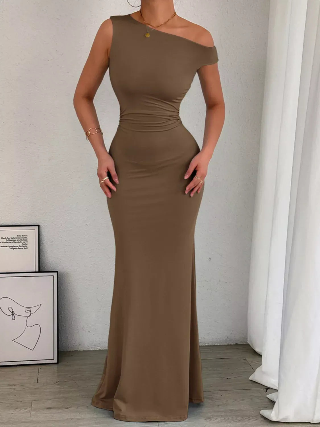 Trendsi One-Shoulder Ruched Bodycon Maxi Dress One-Shoulder Ruched Bodycon Maxi Dress Apparel & Accessories > Clothing > Dresses