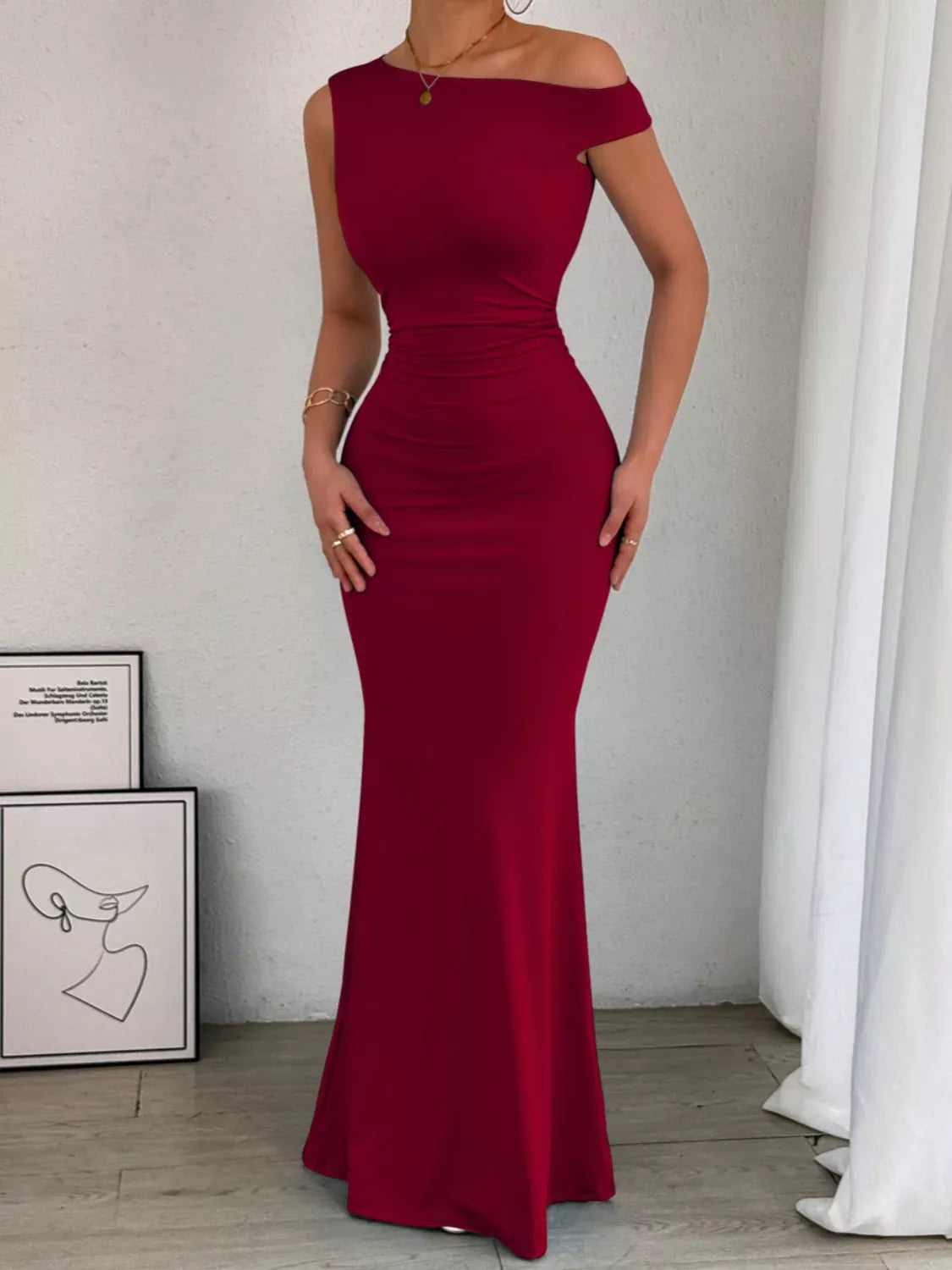 Trendsi One-Shoulder Ruched Bodycon Maxi Dress One-Shoulder Ruched Bodycon Maxi Dress Apparel & Accessories > Clothing > Dresses