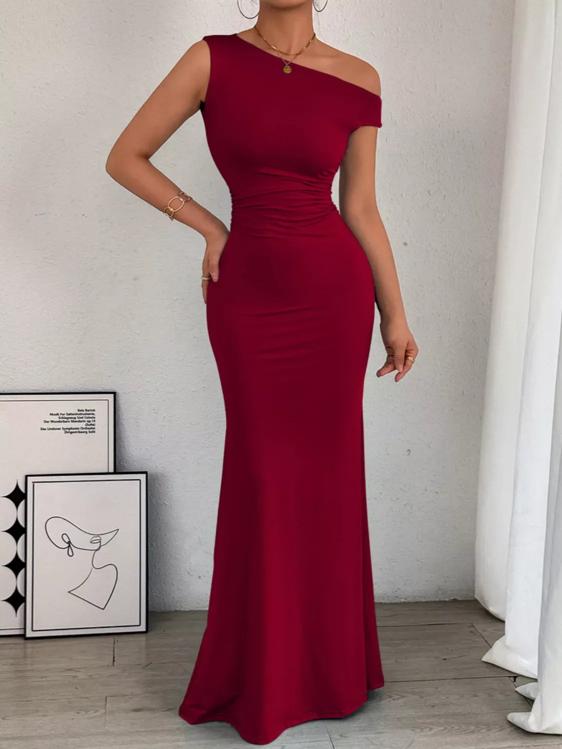 Trendsi One-Shoulder Ruched Bodycon Maxi Dress One-Shoulder Ruched Bodycon Maxi Dress Apparel & Accessories > Clothing > Dresses