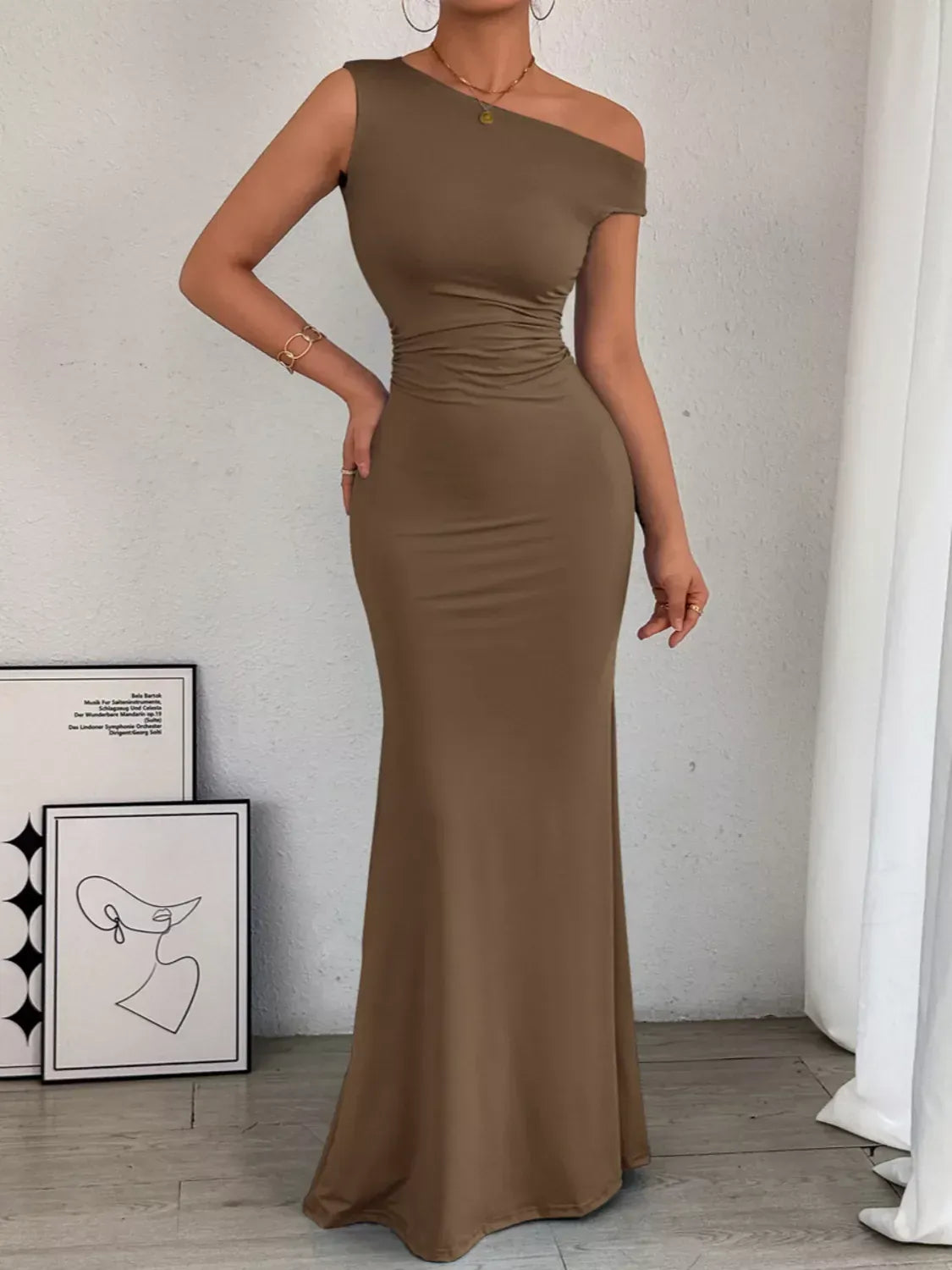 Trendsi One-Shoulder Ruched Bodycon Maxi Dress One-Shoulder Ruched Bodycon Maxi Dress Apparel & Accessories > Clothing > Dresses