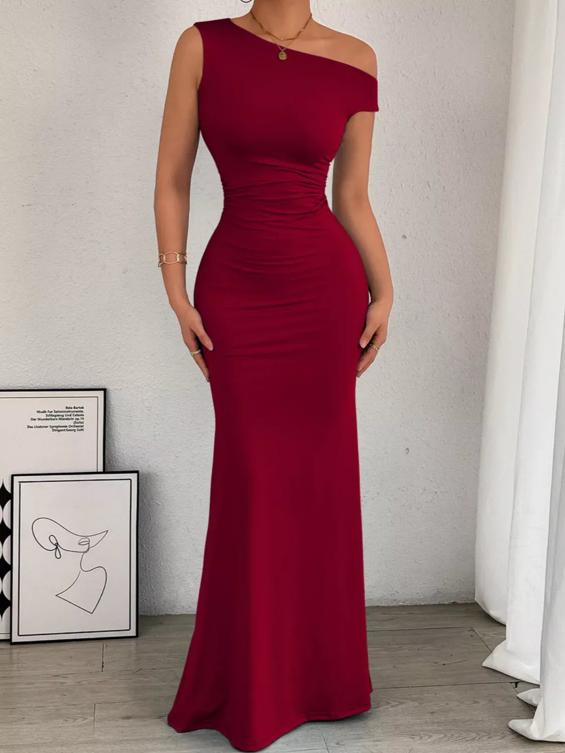 Trendsi One-Shoulder Ruched Bodycon Maxi Dress One-Shoulder Ruched Bodycon Maxi Dress Apparel & Accessories > Clothing > Dresses