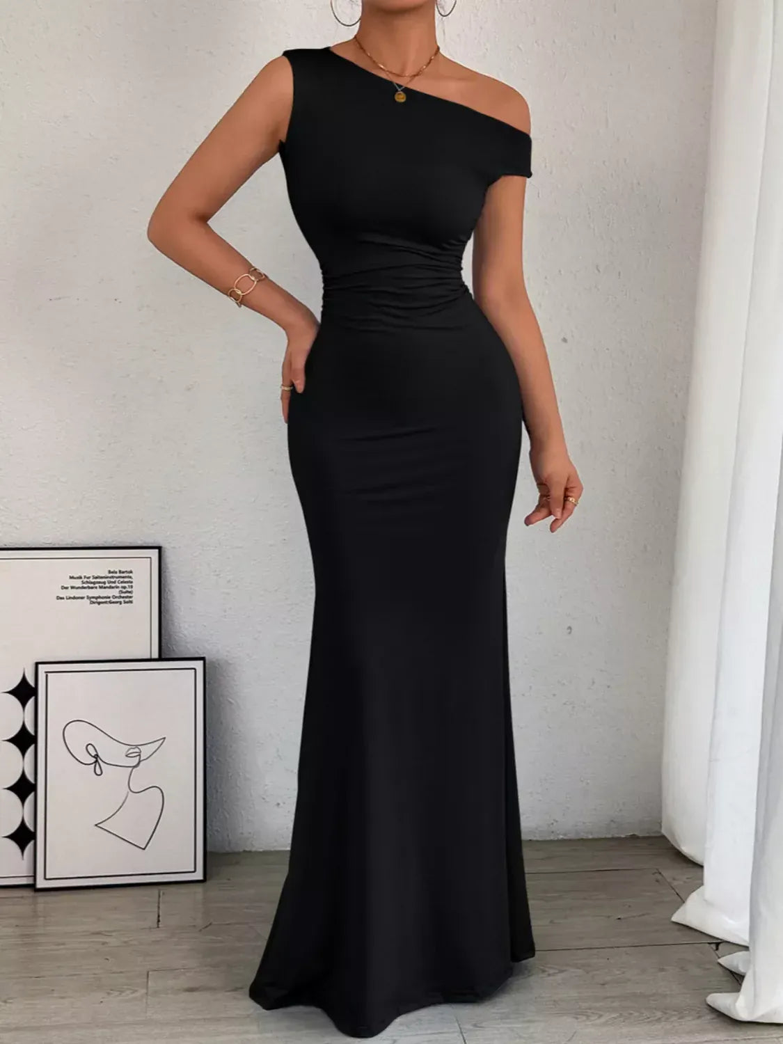 Trendsi One-Shoulder Ruched Bodycon Maxi Dress One-Shoulder Ruched Bodycon Maxi Dress Apparel & Accessories > Clothing > Dresses