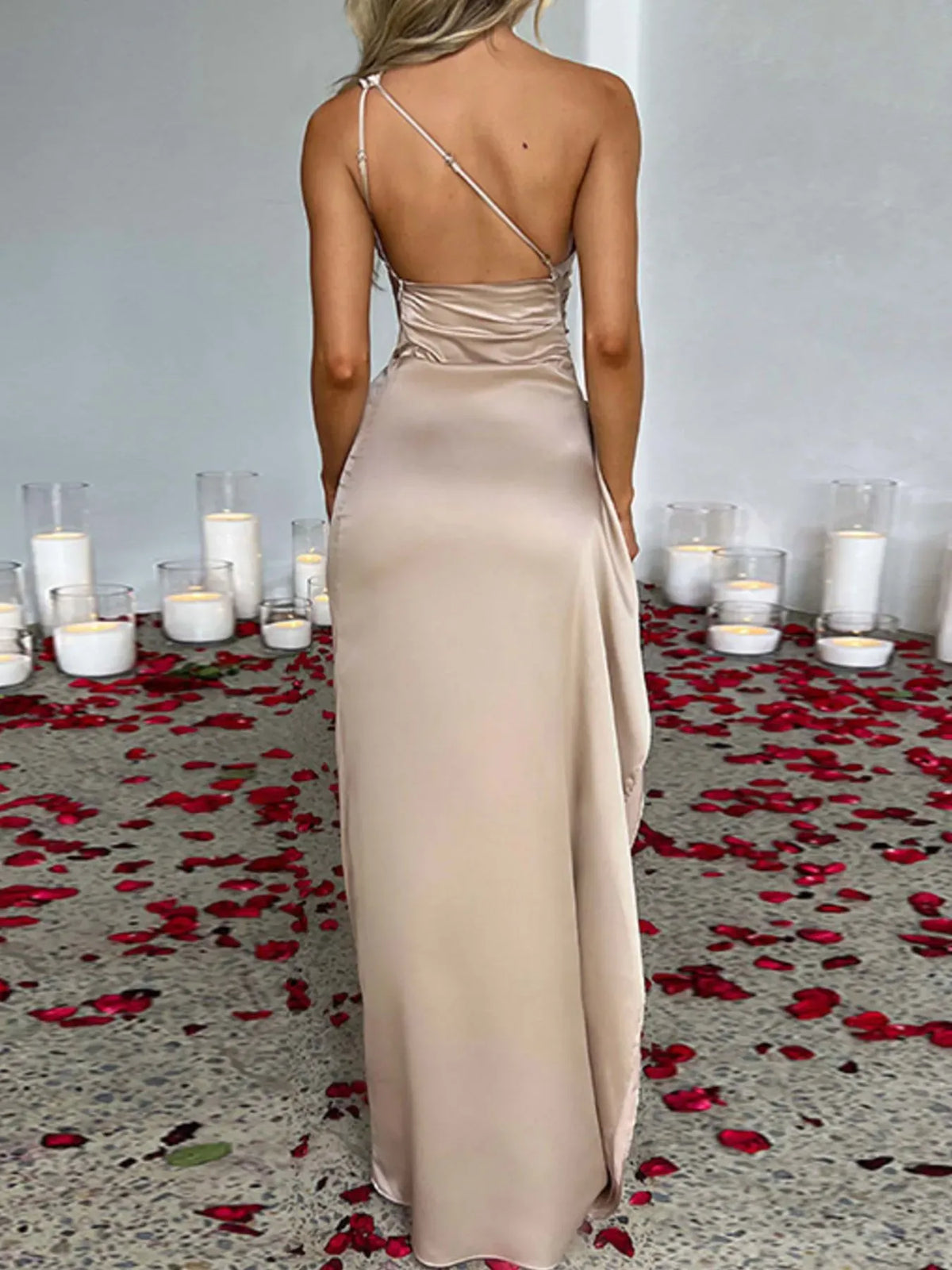 Trendsi One Shoulder Satin Dress with High Slit One Shoulder Satin Dress with High Slit Apparel & Accessories > Clothing > Dresses