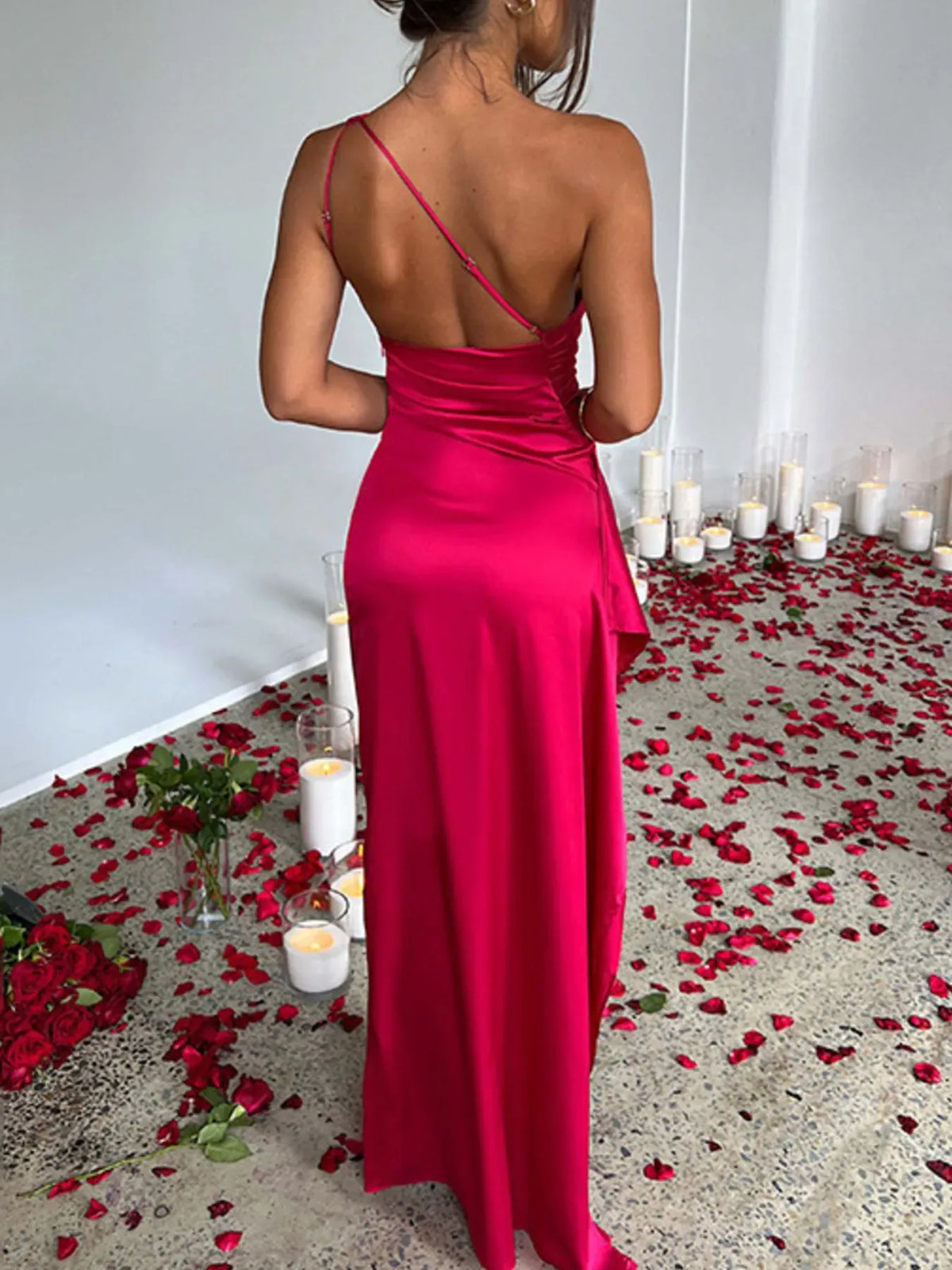 Trendsi One Shoulder Satin Dress with High Slit One Shoulder Satin Dress with High Slit Apparel & Accessories > Clothing > Dresses