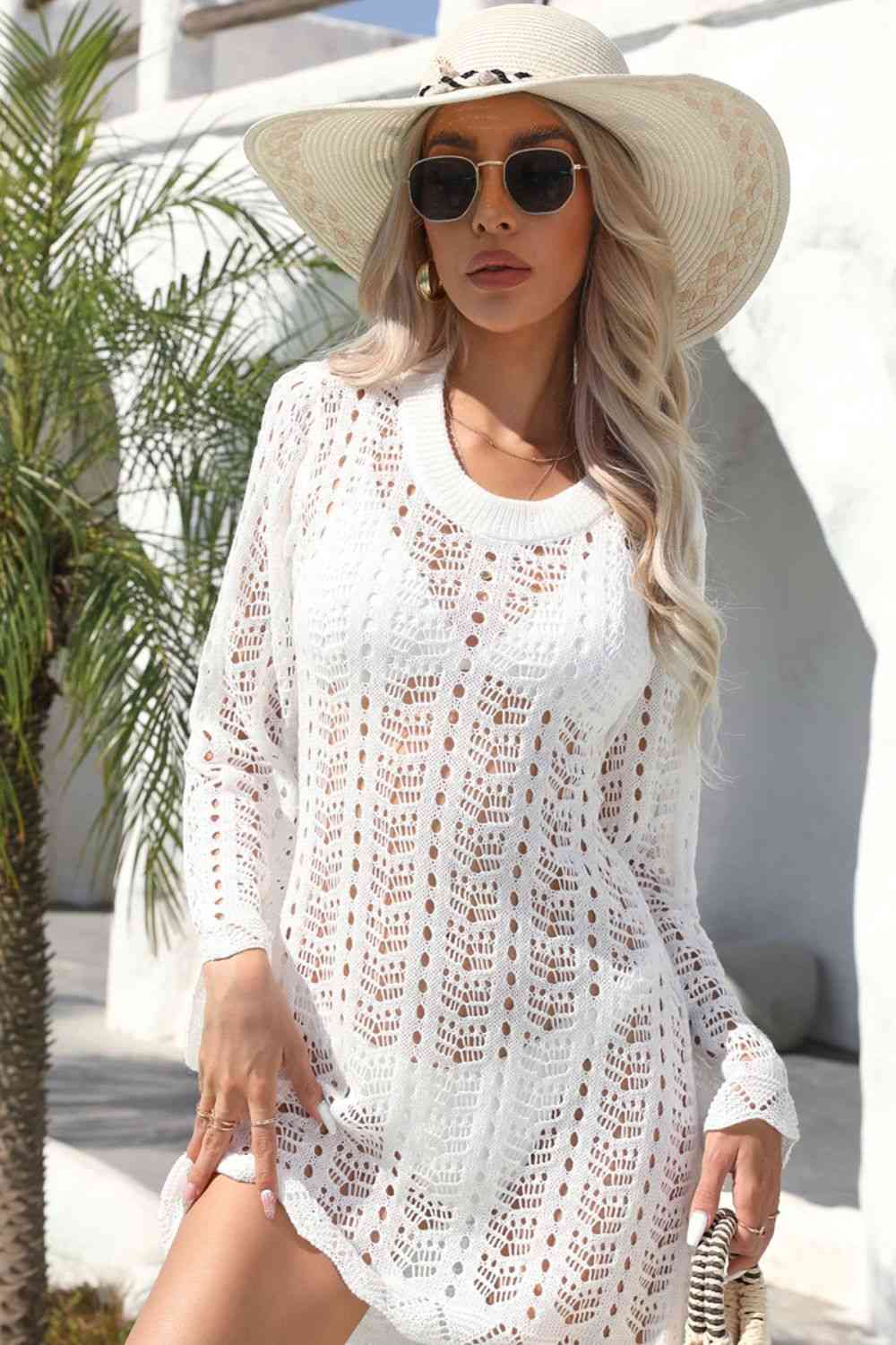 Trendsi Openwork Scalloped Trim Long Sleeve Cover-Up Dress Apparel &amp; Accessories &gt; Clothing &gt; Dresses