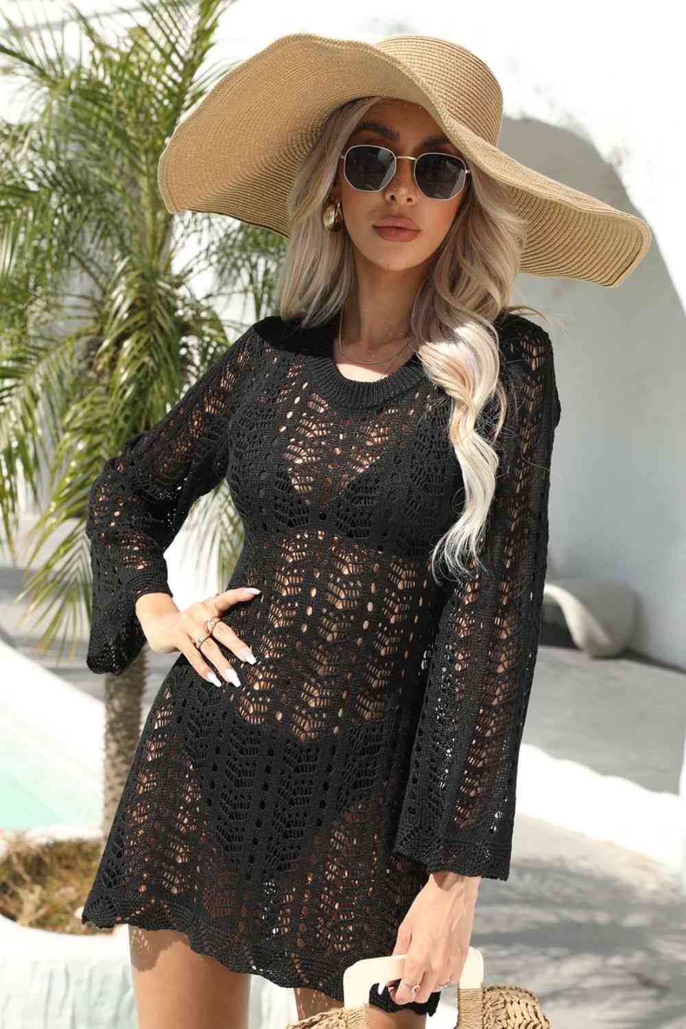Trendsi Openwork Scalloped Trim Long Sleeve Cover-Up Dress Apparel &amp; Accessories &gt; Clothing &gt; Dresses