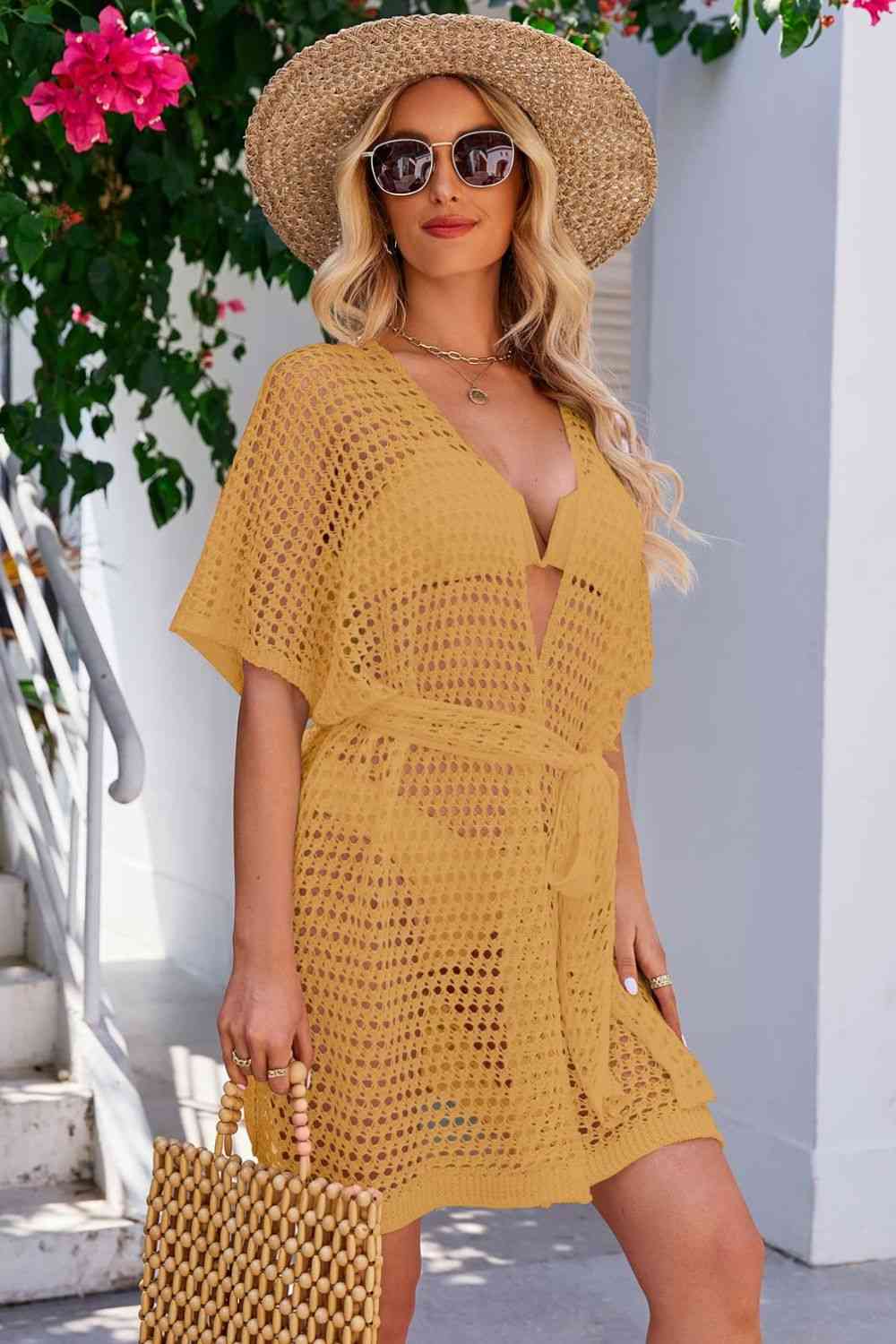 Trendsi Openwork Tie Waist Cover Up Apparel &amp; Accessories &gt; Clothing &gt; Dresses