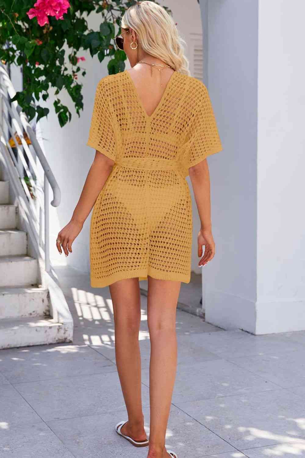 Trendsi Openwork Tie Waist Cover Up Apparel &amp; Accessories &gt; Clothing &gt; Dresses