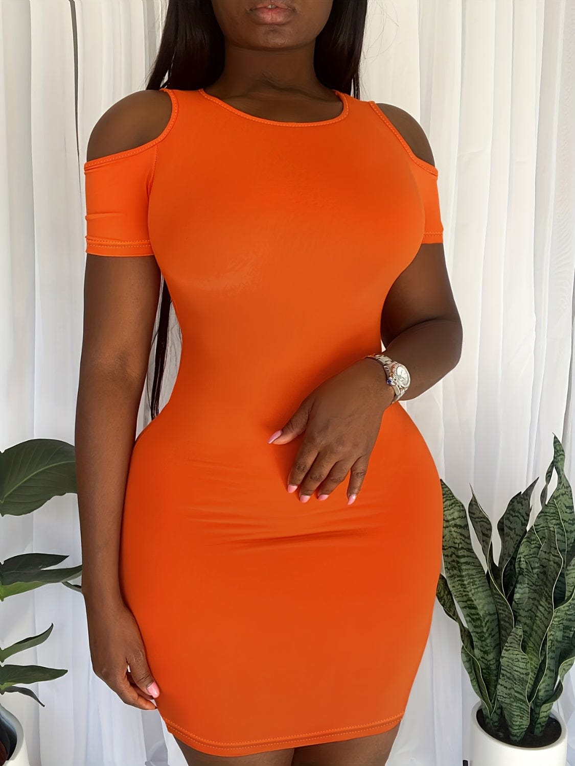 Trendsi Orange / 1XL Plus Size Cold Shoulder Short Sleeve Mini Dress 100100374621772 Apparel & Accessories > Clothing > Dresses