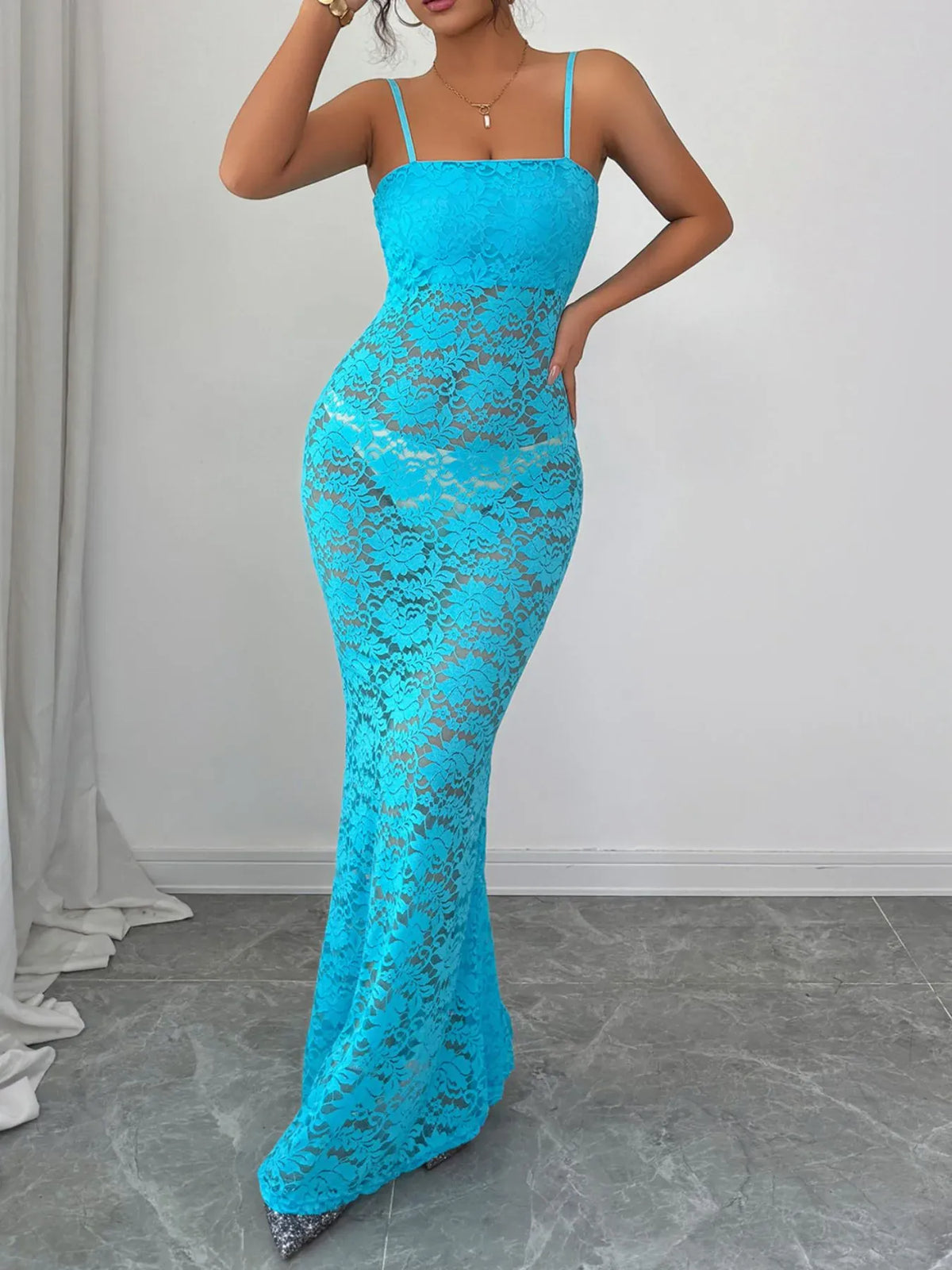 Trendsi Peacock Blue / S Lace Square Neck Maxi Cami Dress 100100203324025 Lace Square Neck Maxi Cami Dress Apparel & Accessories > Clothing > Dresses