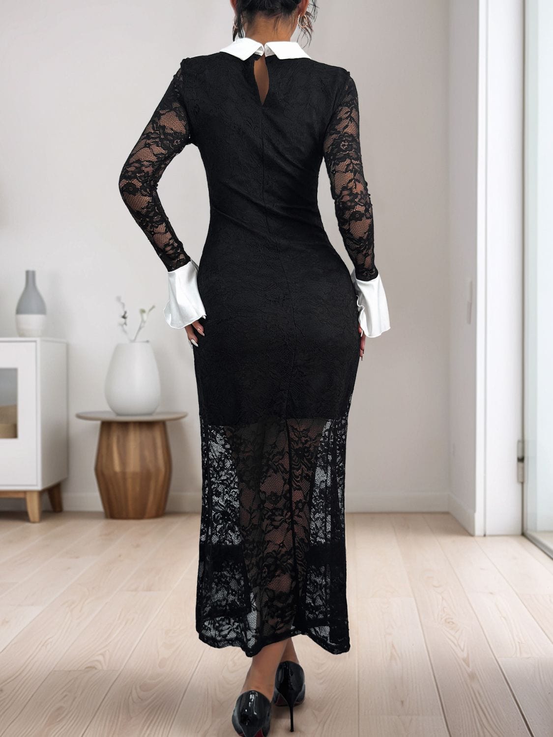 Trendsi Perfee Lace Contrast Collared Neck Long Sleeve Midi Dress Perfee Lace Contrast Collared Neck Long Sleeve Midi Dress Apparel &amp; Accessories &gt; Clothing &gt; Dresses