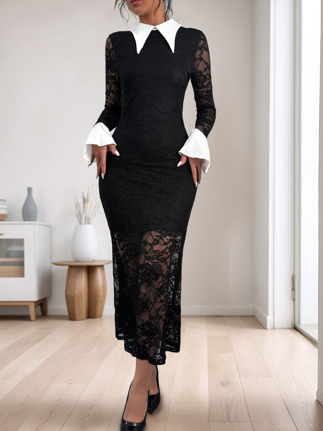 Trendsi Perfee Lace Contrast Collared Neck Long Sleeve Midi Dress Perfee Lace Contrast Collared Neck Long Sleeve Midi Dress Apparel &amp; Accessories &gt; Clothing &gt; Dresses