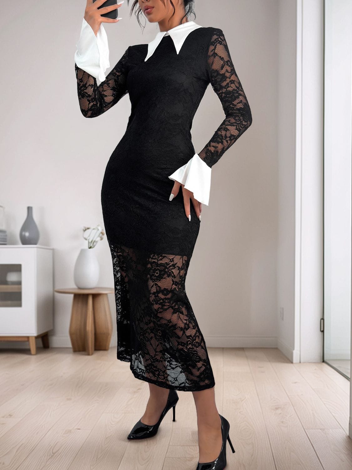 Trendsi Perfee Lace Contrast Collared Neck Long Sleeve Midi Dress Perfee Lace Contrast Collared Neck Long Sleeve Midi Dress Apparel &amp; Accessories &gt; Clothing &gt; Dresses