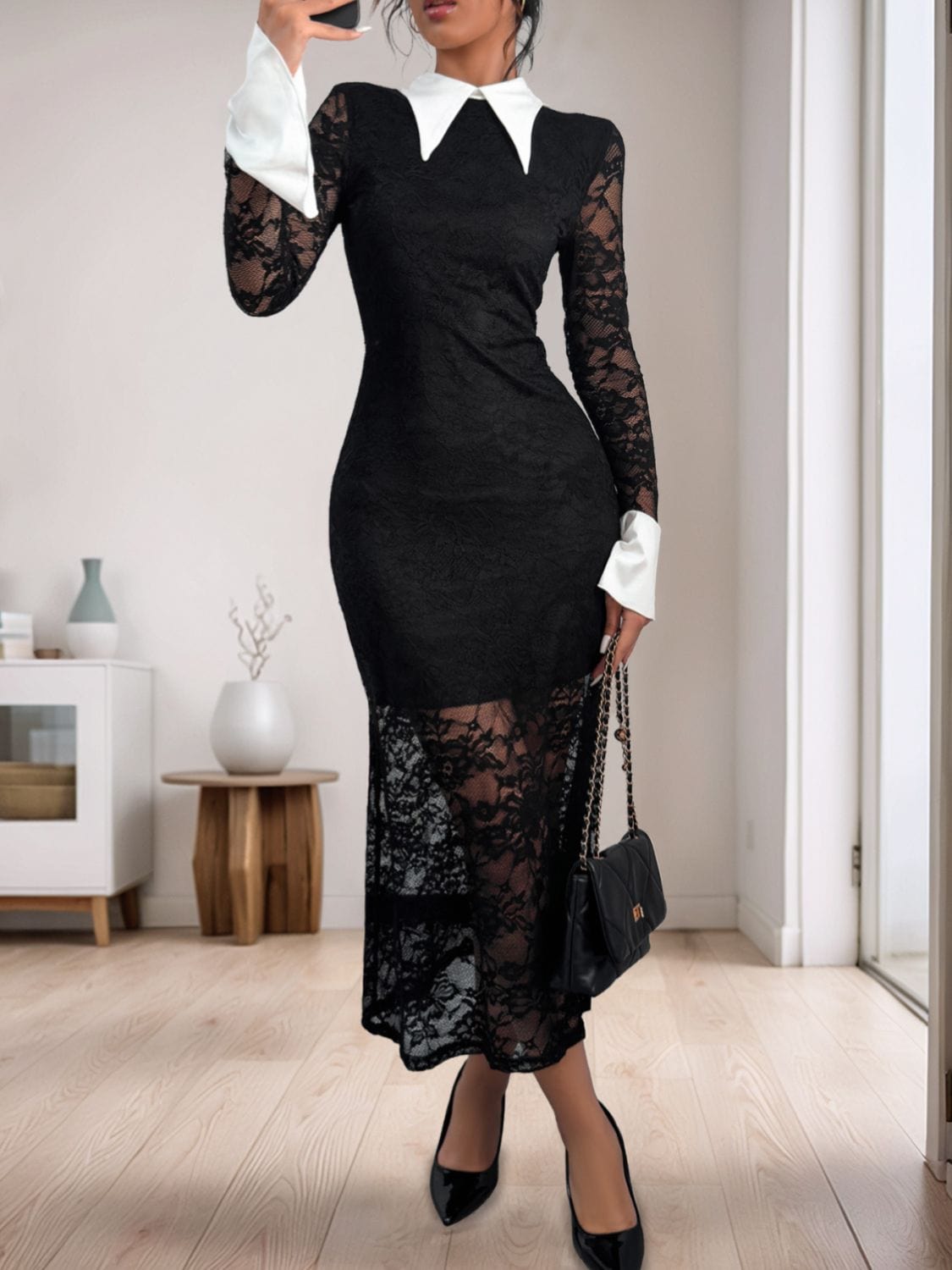 Trendsi Perfee Lace Contrast Collared Neck Long Sleeve Midi Dress Perfee Lace Contrast Collared Neck Long Sleeve Midi Dress Apparel &amp; Accessories &gt; Clothing &gt; Dresses