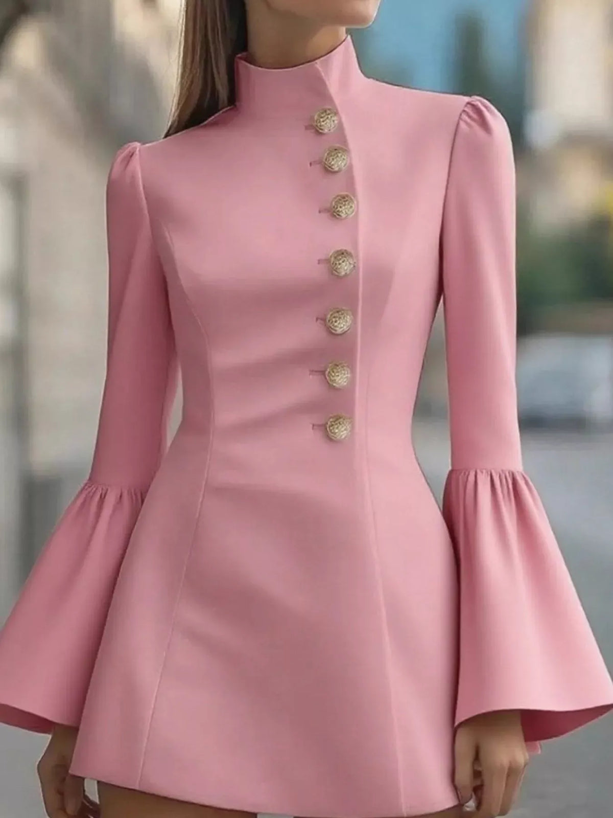 Trendsi Pink / S Bell Sleeve Mini Dress with Front Button 100100787880575 Bell Sleeve Mini Dress with Front Button Apparel & Accessories > Clothing > Dresses