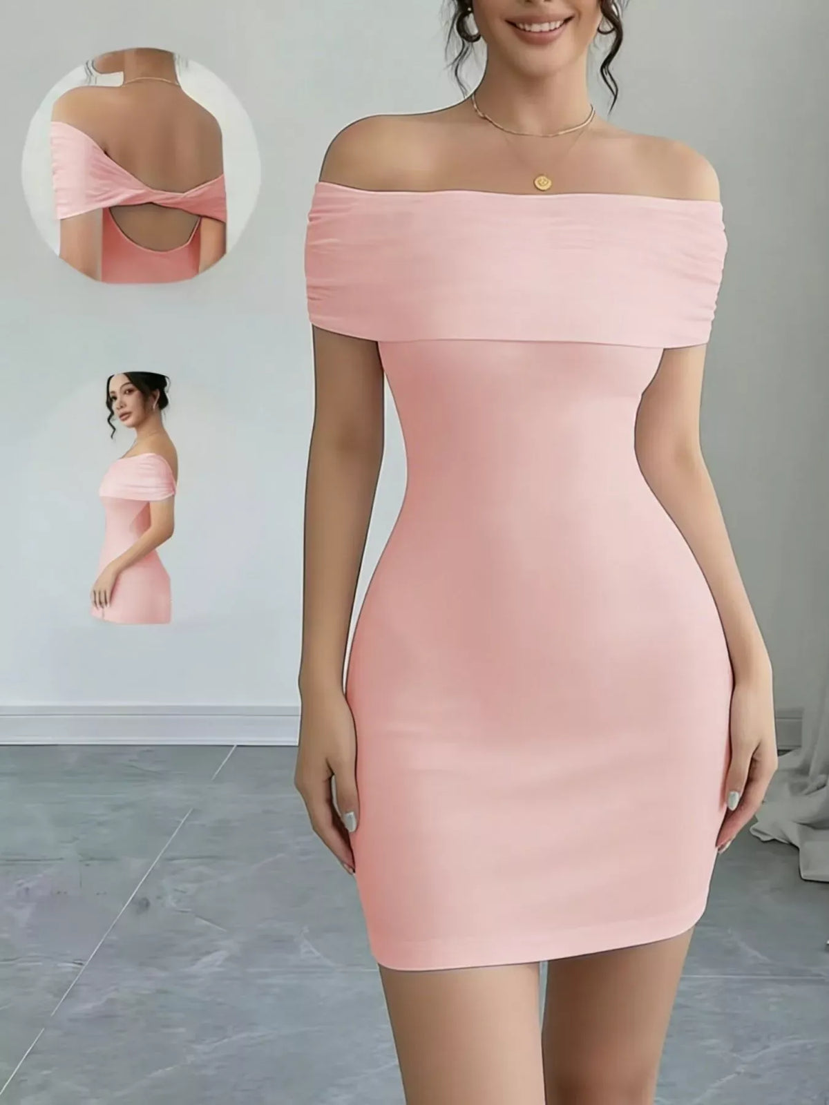 Trendsi Pink / S Off-Shoulder Bodycon Mini Dress 100100321090250 Off-Shoulder Bodycon Mini Dress Apparel & Accessories > Clothing > Dresses