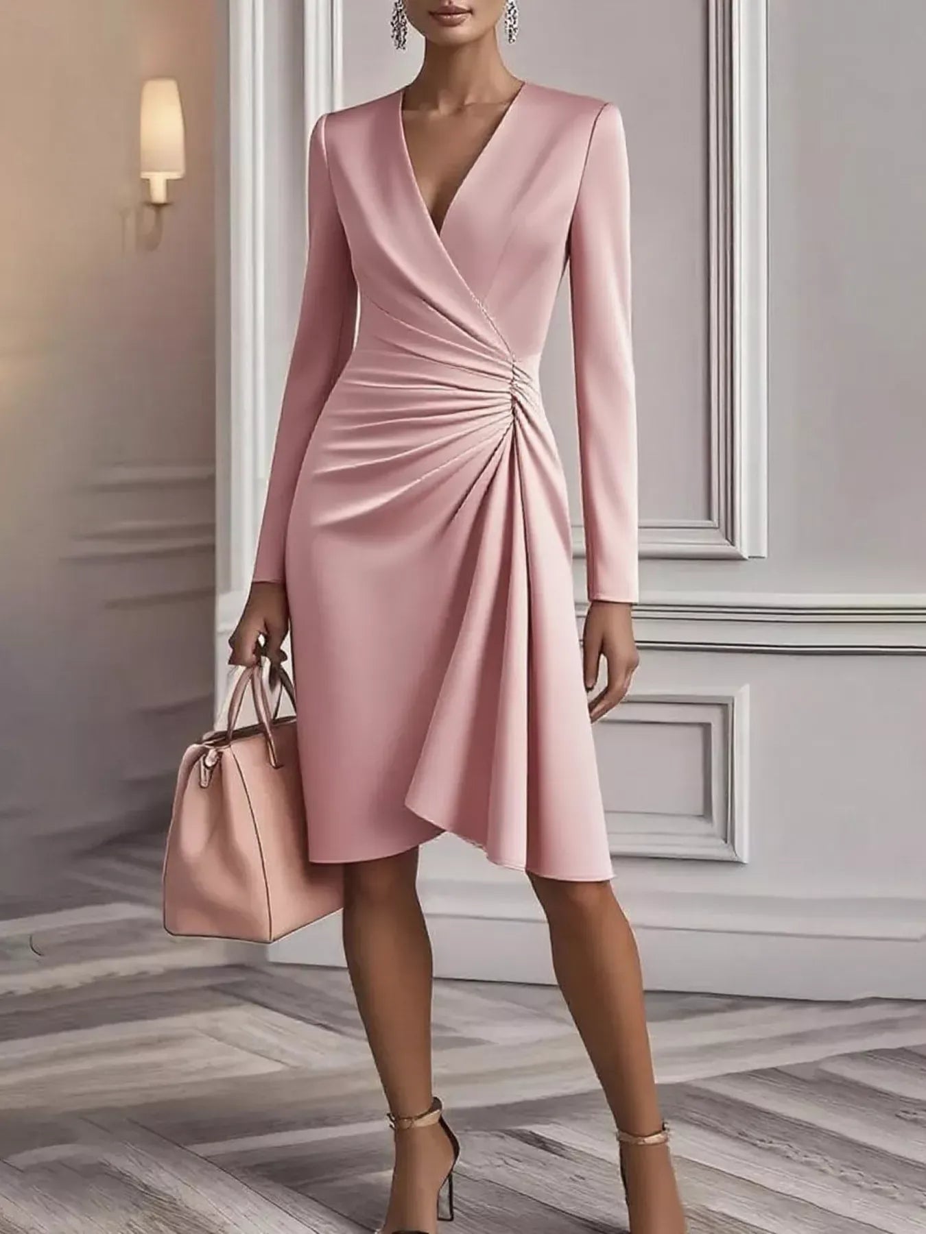Trendsi Pink / S Ruched Surplice Long Sleeve Dress 100100190117400 Ruched Surplice Long Sleeve Dress Apparel & Accessories > Clothing > Dresses