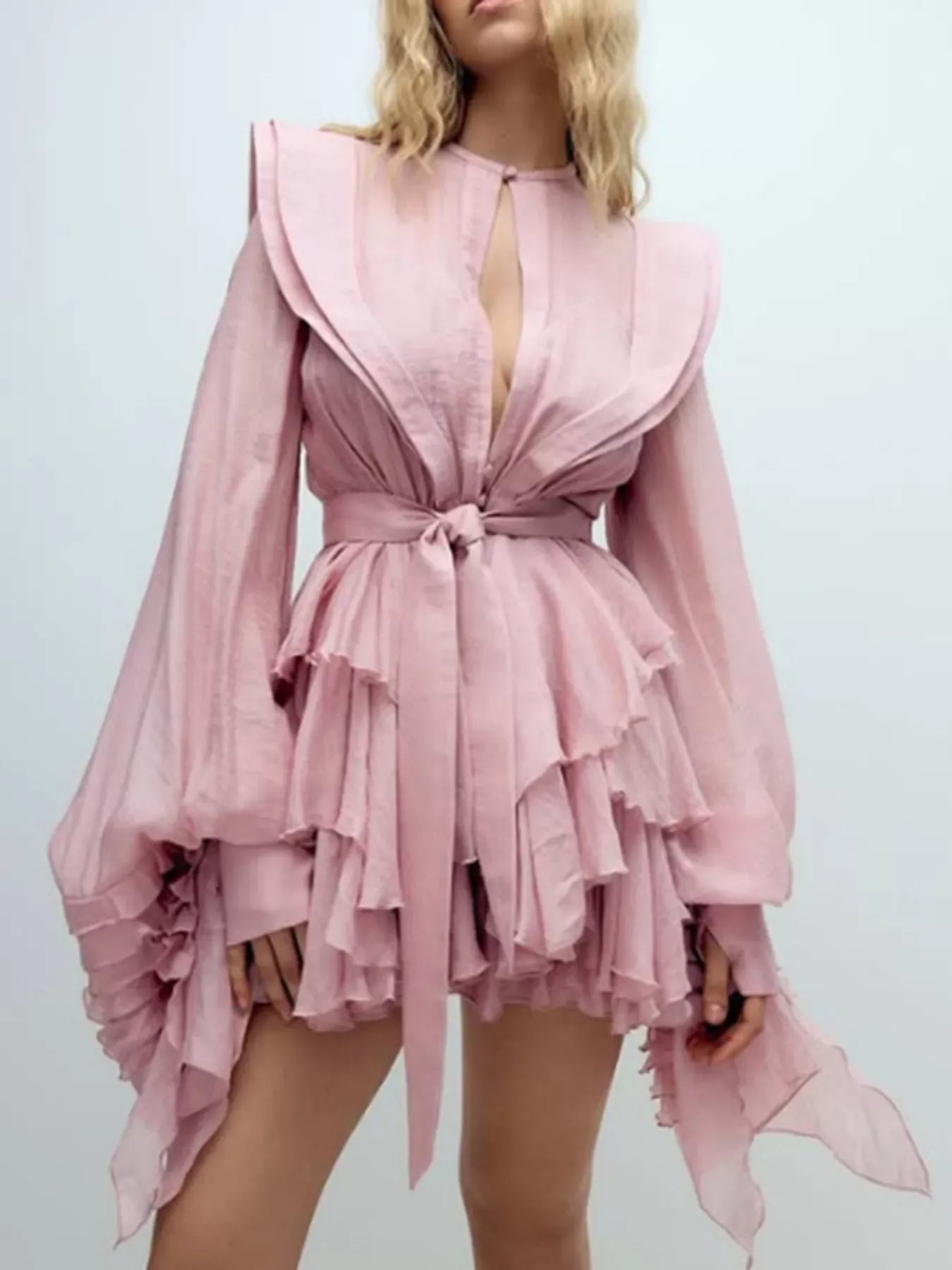 Trendsi Pink / S Ruffled Long Sleeve Mini Dress 100100218148067 Ruffled Long Sleeve Mini Dress Apparel & Accessories > Clothing > Dresses