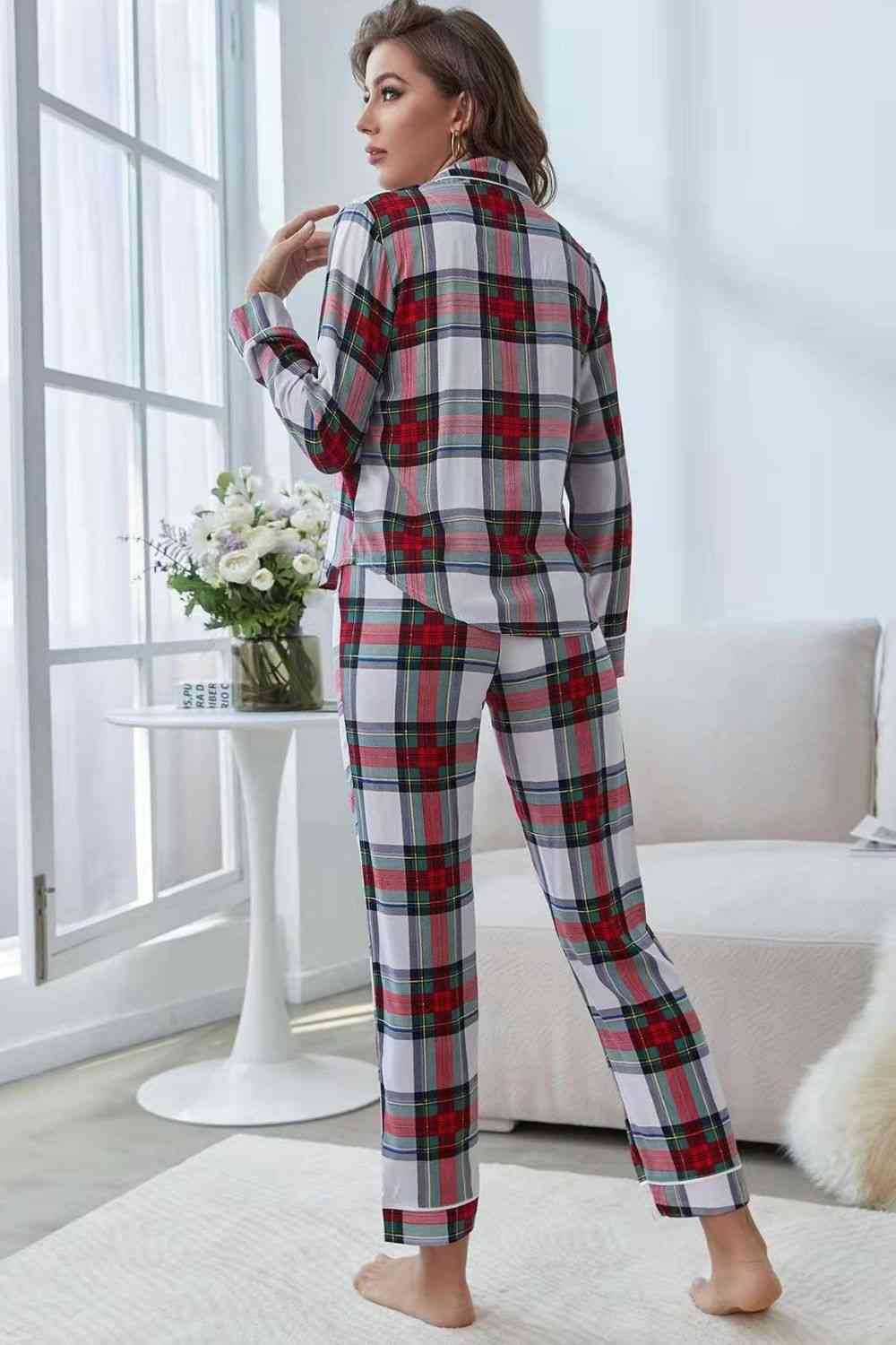 Trendsi Plaid / XS Plaid Button Front Top and Pants Lounge Set 100100358665312 Apparel & Accessories > Clothing > Dresses