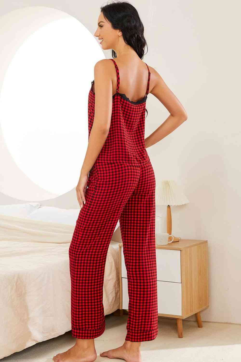 Trendsi Plaid Lace Trim Cami and Drawstring Pants Pajama Set Apparel &amp; Accessories &gt; Clothing &gt; Dresses