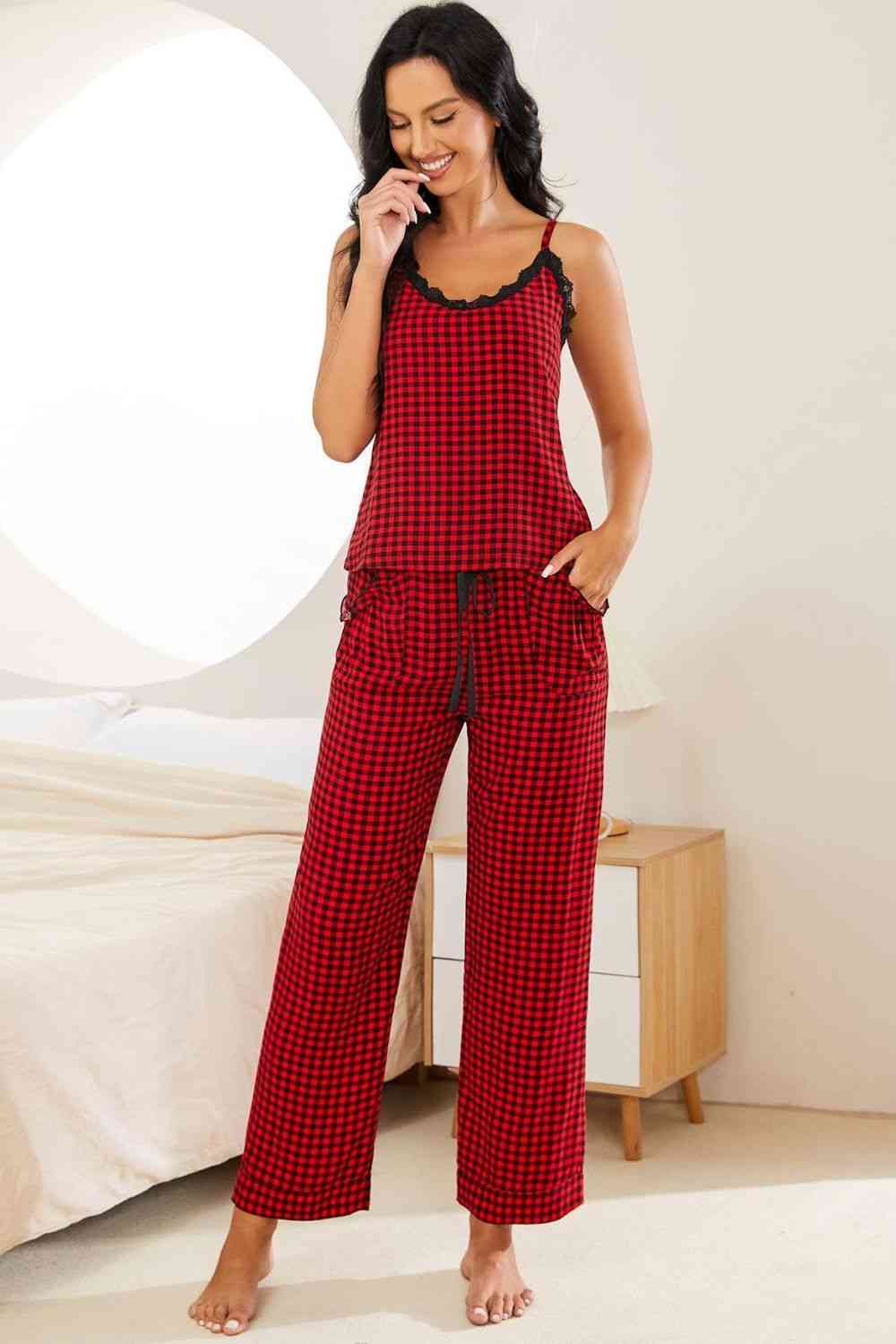 Trendsi Plaid Lace Trim Cami and Drawstring Pants Pajama Set Apparel &amp; Accessories &gt; Clothing &gt; Dresses