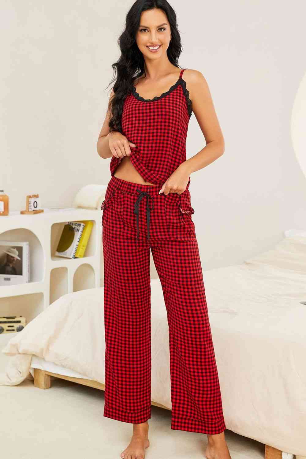 Trendsi Plaid / S Plaid Lace Trim Cami and Drawstring Pants Pajama Set 100100550487575 Apparel &amp; Accessories &gt; Clothing &gt; Dresses