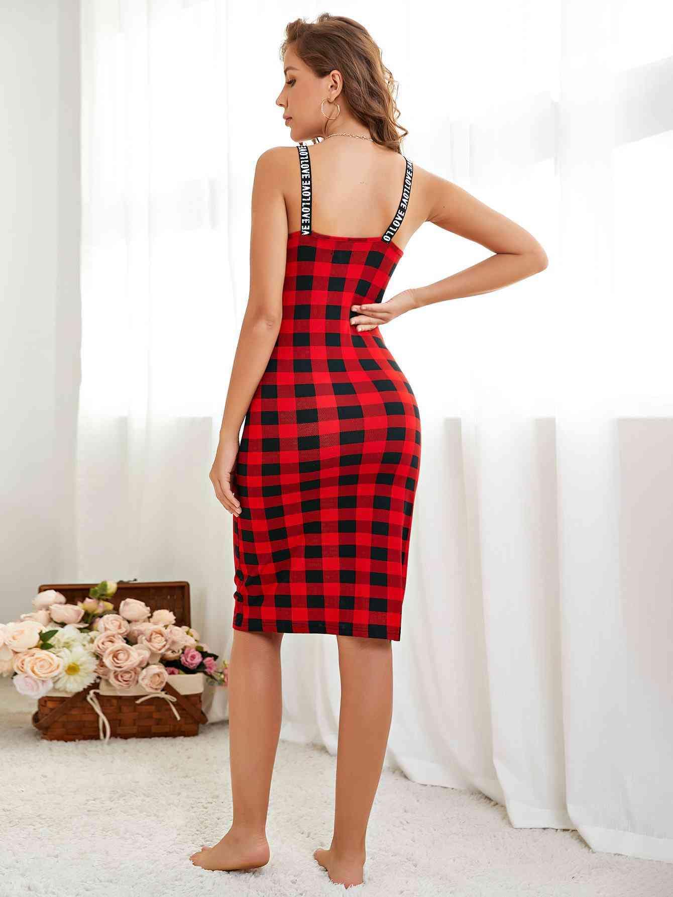 Trendsi Red / S Plaid Scoop Neck Knee-Length Night Dress 100100172097571 Apparel & Accessories > Clothing > Dresses