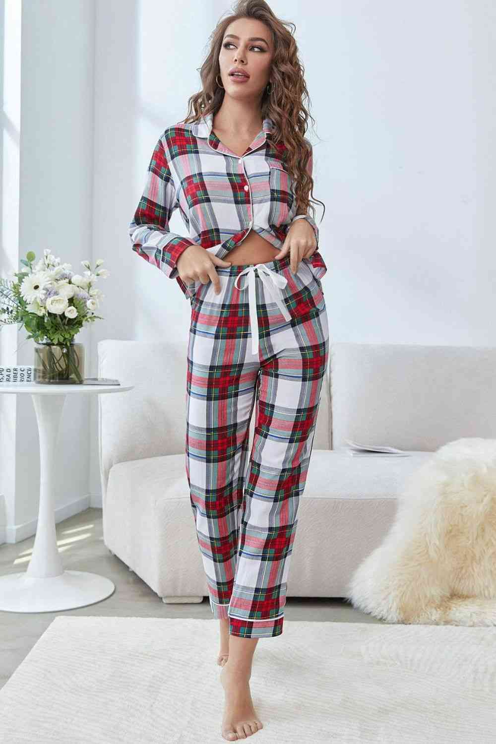 Trendsi Plaid / XS Plaid Button Front Top and Pants Lounge Set 100100358665312 Apparel & Accessories > Clothing > Dresses