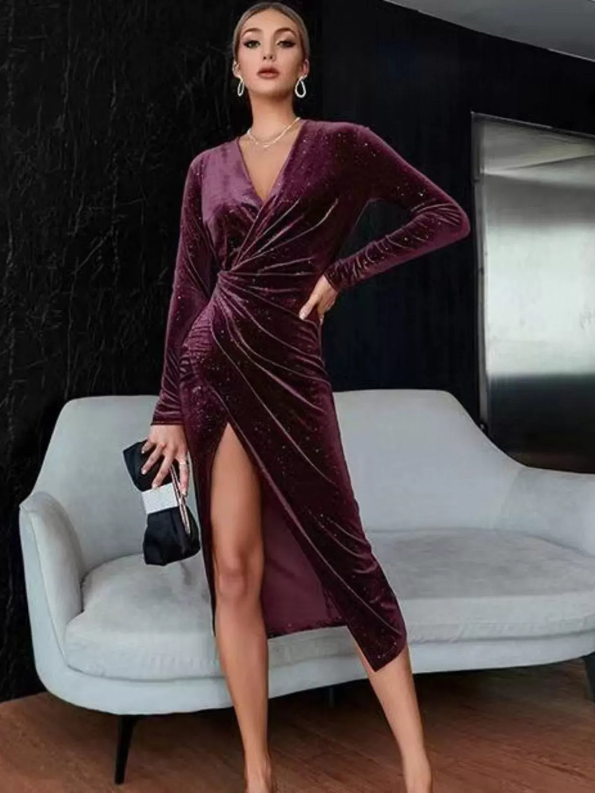Trendsi Plum Purple / S Velvet Ruched Slit Midi Dress 100100371604908 Velvet Ruched Slit Midi Dress Apparel & Accessories > Clothing > Dresses
