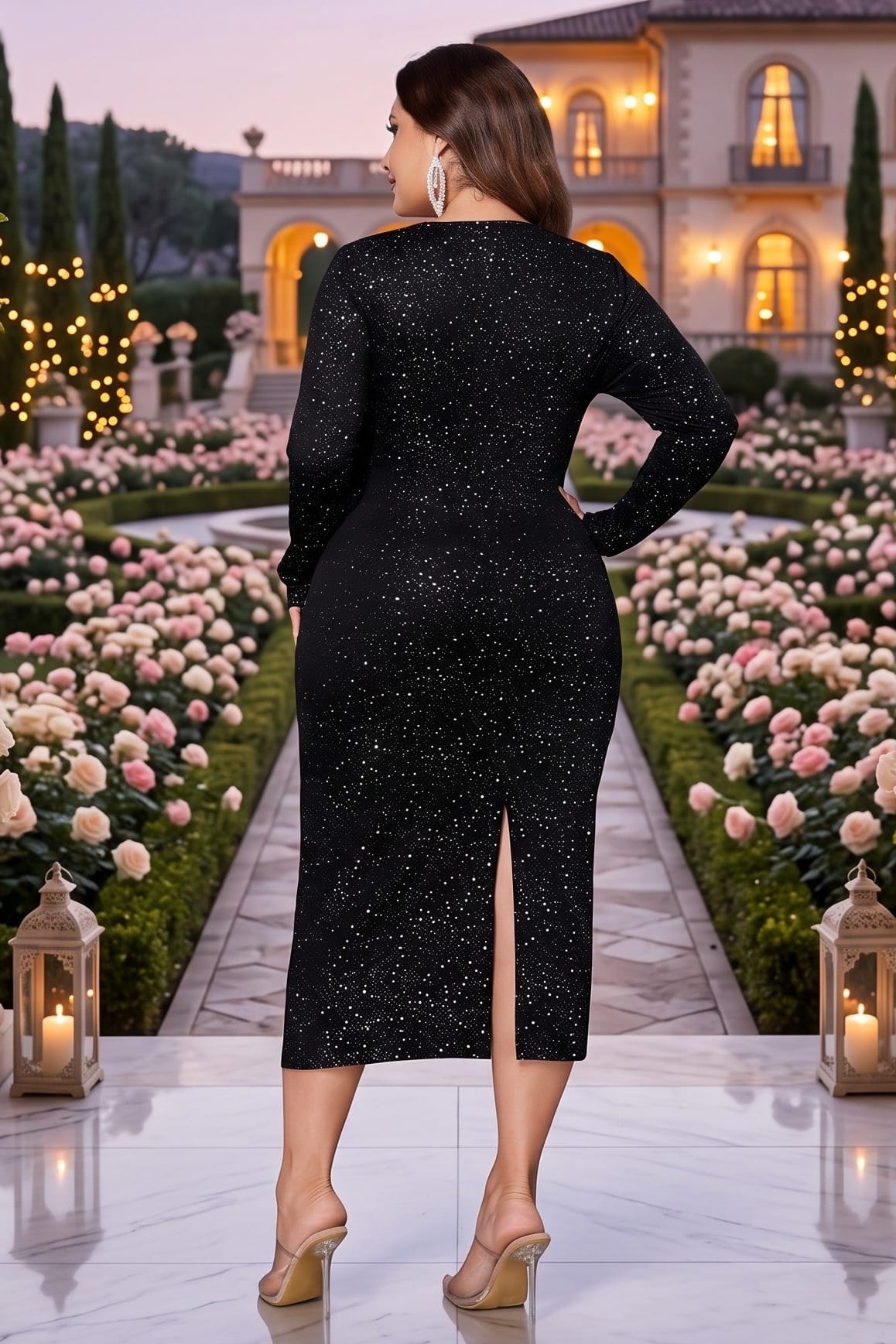 Trendsi Plus Size Black Sparkle Cutout Slit Round Neck Long Sleeve Evening Maxi Dress Plus Size Black Sparkle Evening Maxi Party Evening Dress Apparel & Accessories > Clothing > Dresses