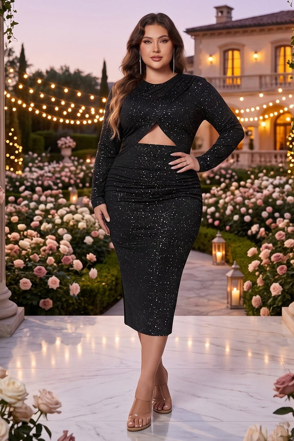 Trendsi Plus Size Black Sparkle Cutout Slit Round Neck Long Sleeve Evening Maxi Dress Plus Size Black Sparkle Evening Maxi Party Evening Dress Apparel & Accessories > Clothing > Dresses